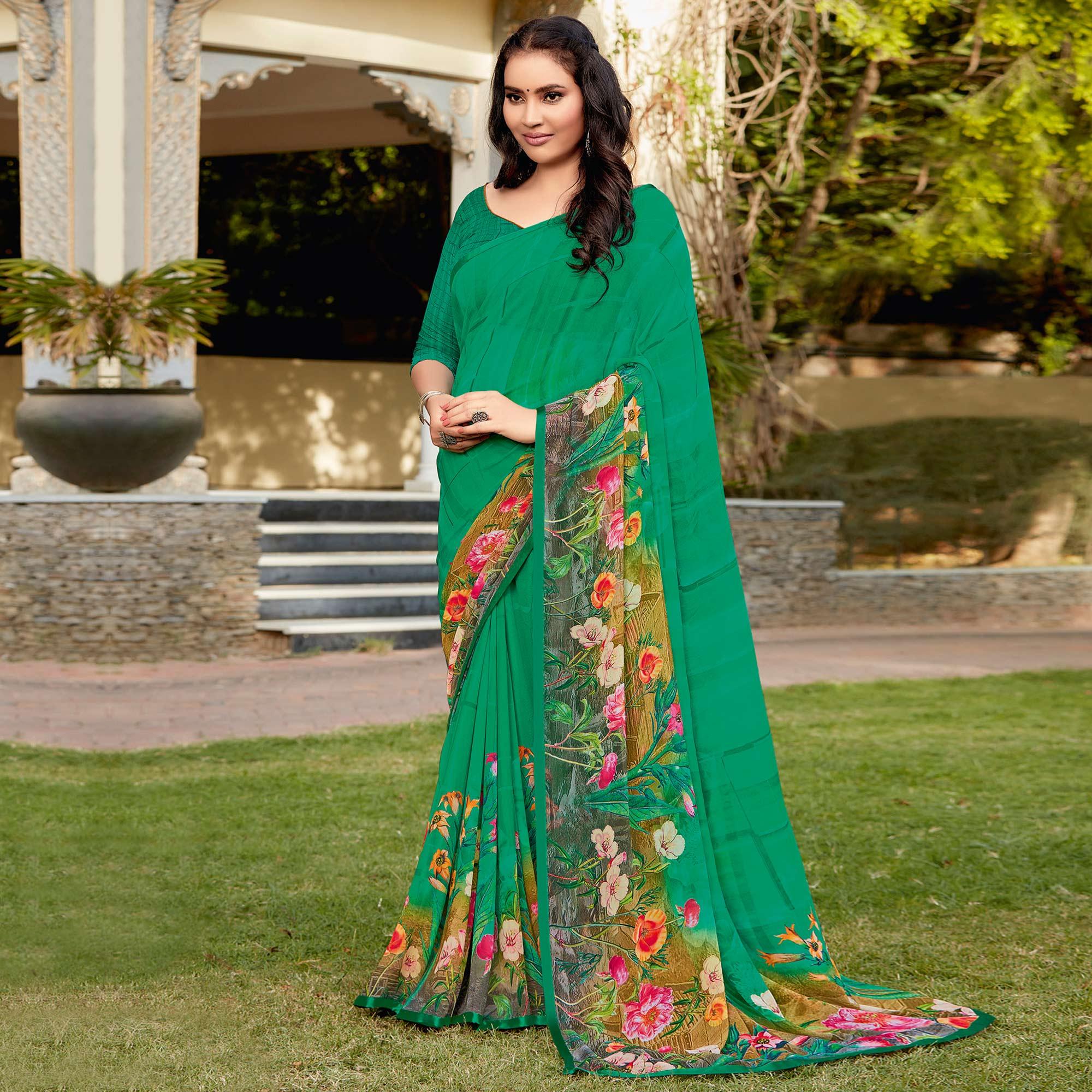 Green Casual Wear Printed Georgette Saree - Peachmode