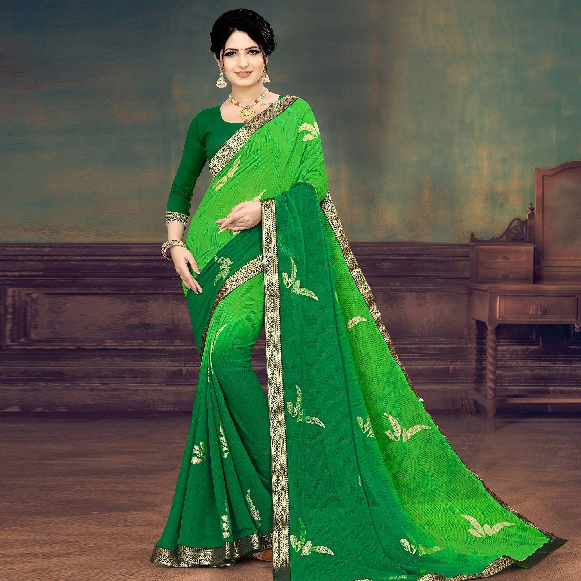 Green Casual Wear Printed Half Half Georgette Designer Saree - Peachmode