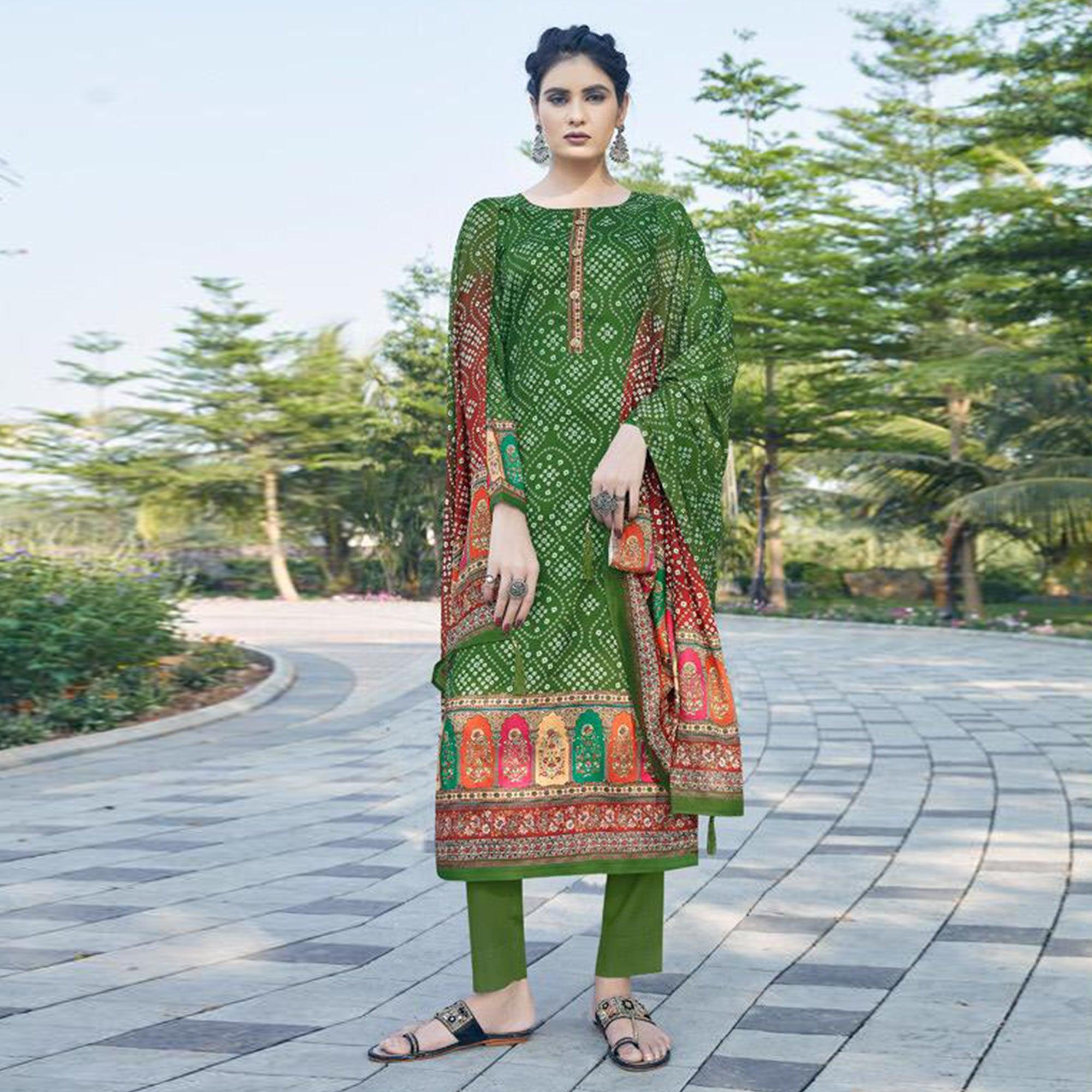 Green Casual Wear Printed Jam Satin Suit - Peachmode