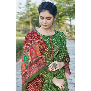 Green Casual Wear Printed Jam Satin Suit - Peachmode
