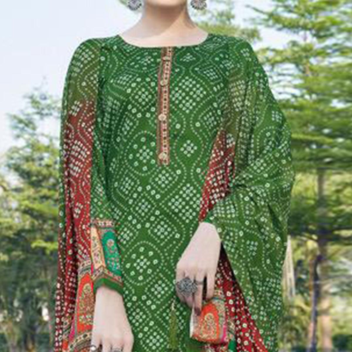 Green Casual Wear Printed Jam Satin Suit - Peachmode