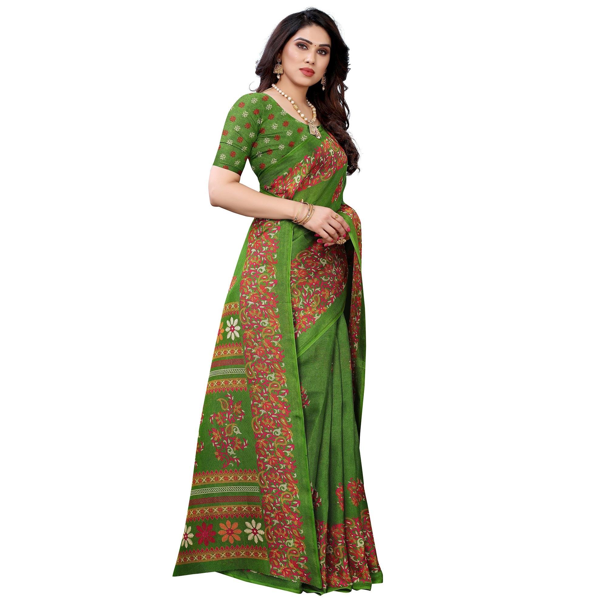 Green Casual Wear Printed Jute Silk Saree - Peachmode