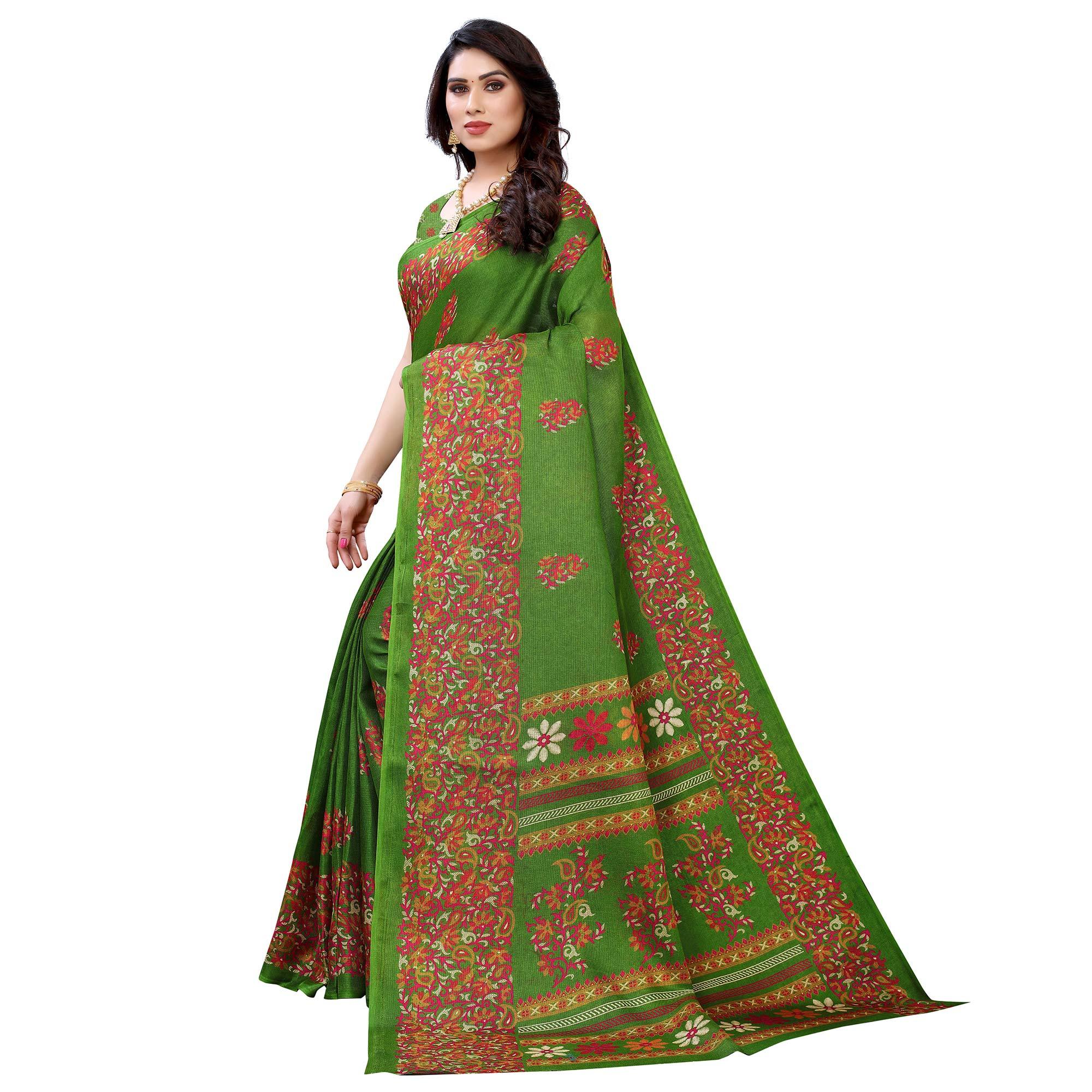 Green Casual Wear Printed Jute Silk Saree - Peachmode