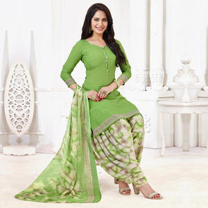 Green Casual Wear Printed Leon Patiala Dress Material - Peachmode