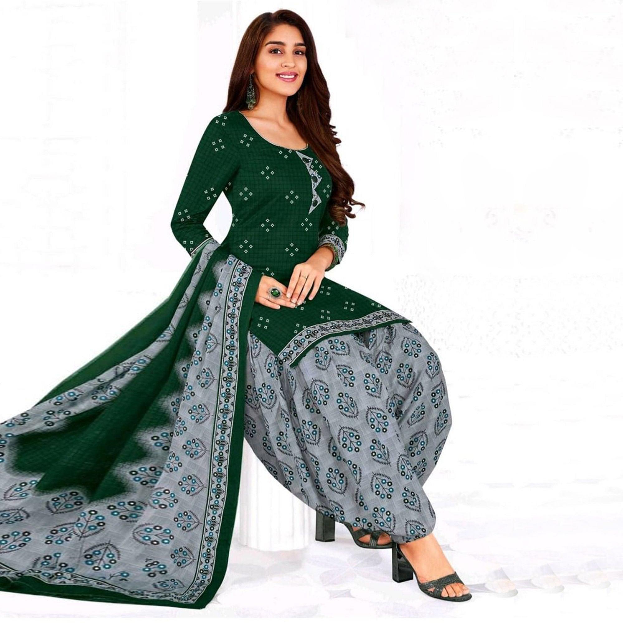 Green Casual Wear Printed Leon Patiala Dress Material - Peachmode