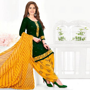 Green Casual Wear Printed Leon Patiala Dress Material - Peachmode