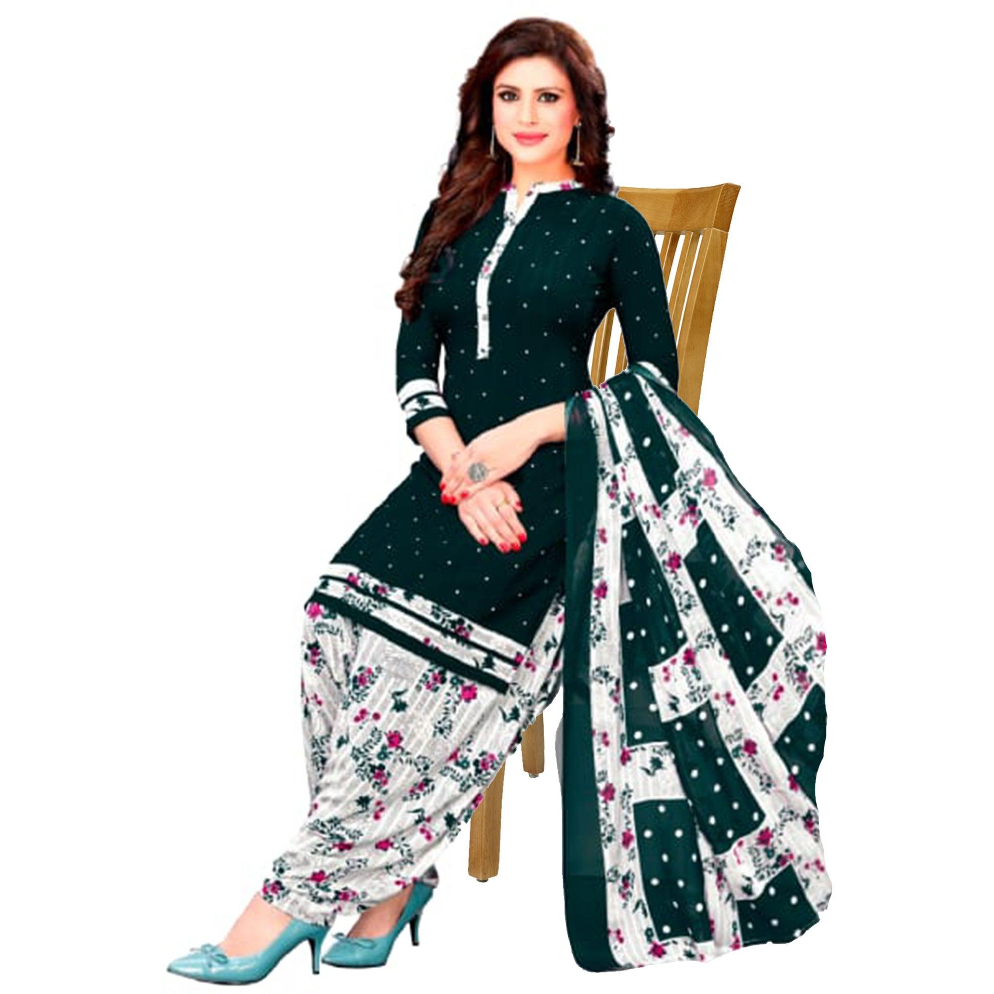 Green Casual Wear Printed Leon Patiala Dress Material - Peachmode
