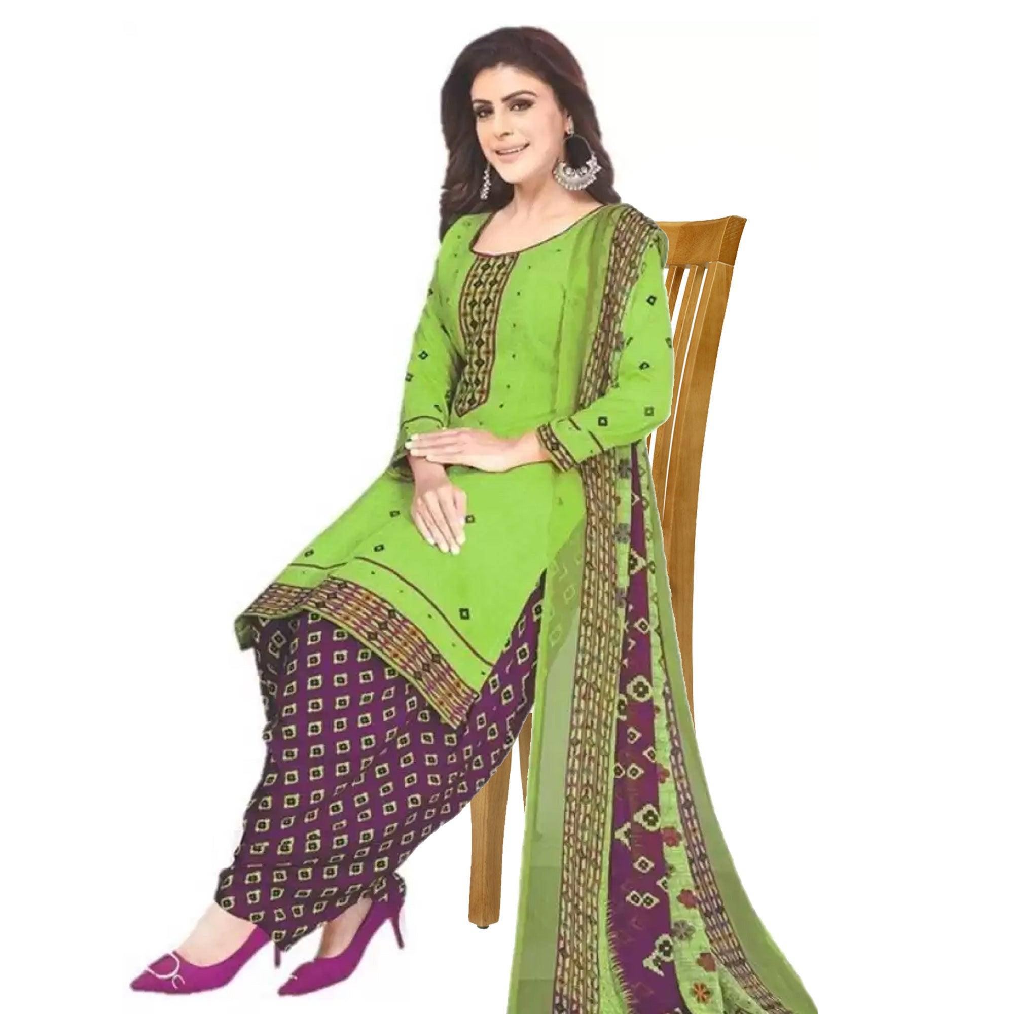 Green Casual Wear Printed Leon Patiala Dress Material - Peachmode