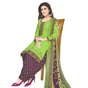 Green Casual Wear Printed Leon Patiala Dress Material - Peachmode