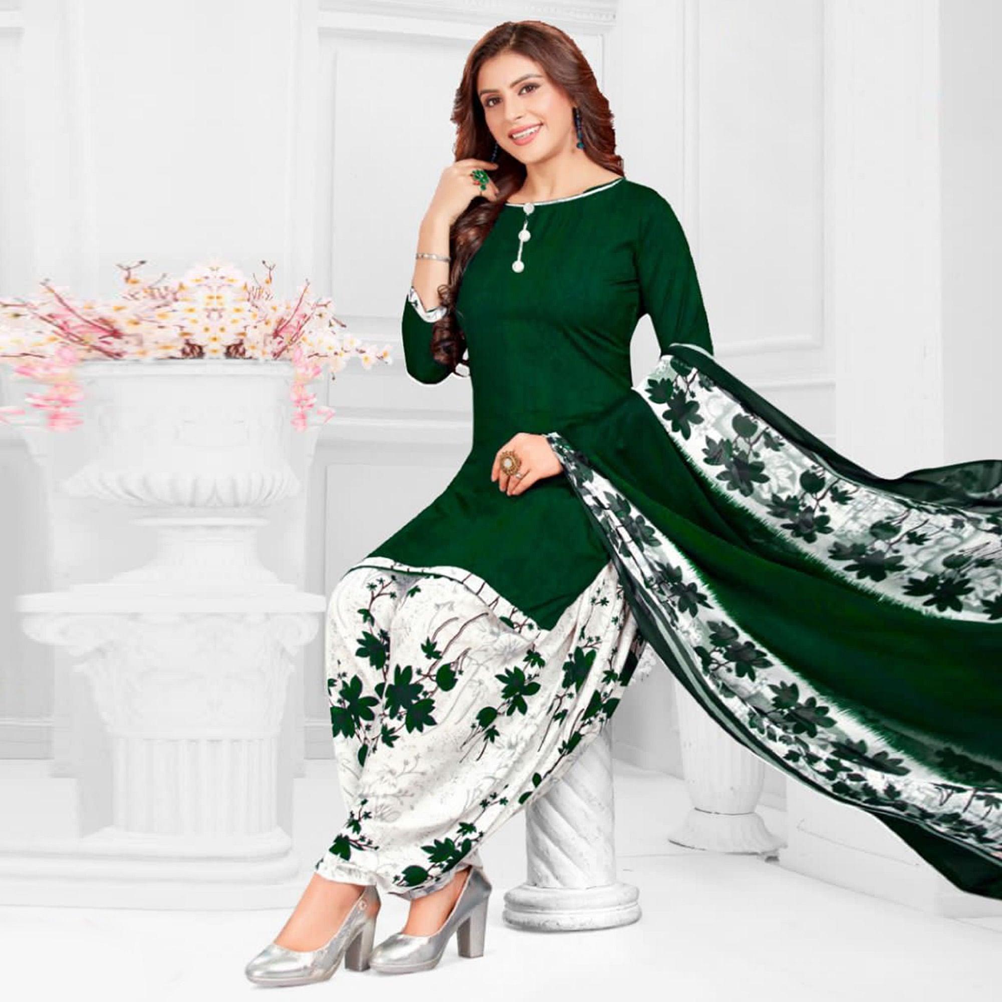 Green Casual Wear Printed Leon Patiala Dress Material - Peachmode
