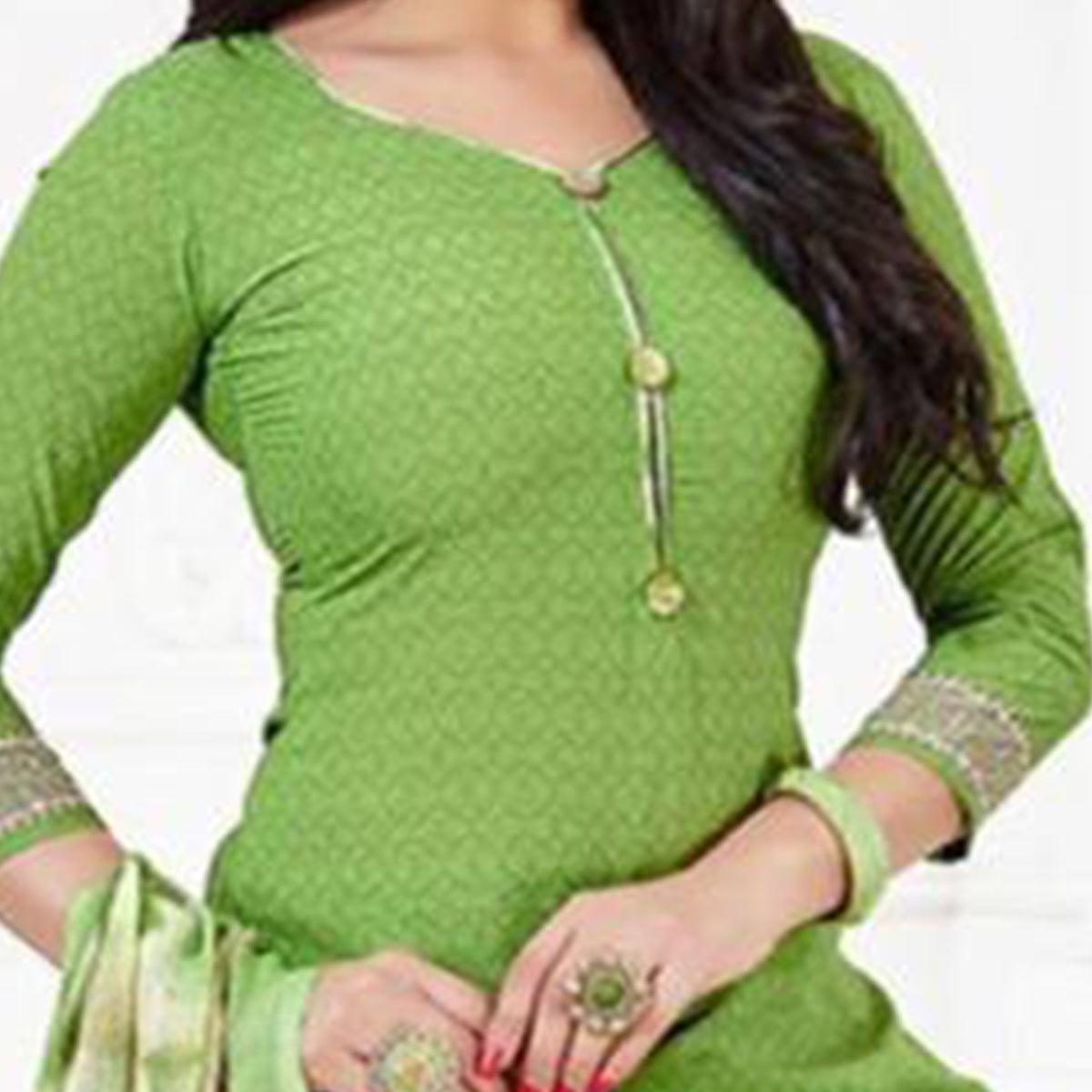 Green Casual Wear Printed Leon Patiala Dress Material - Peachmode