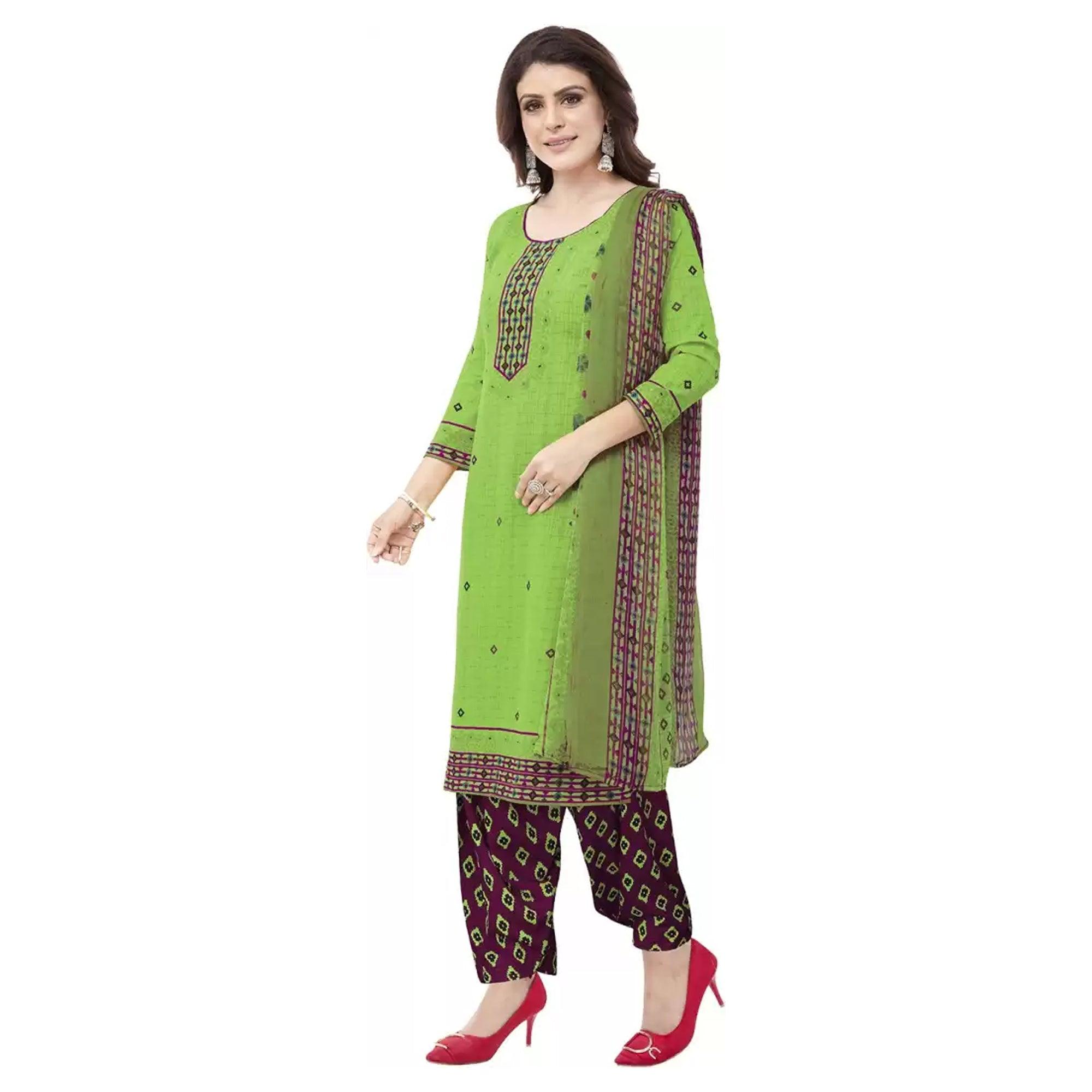 Green Casual Wear Printed Leon Patiala Dress Material - Peachmode