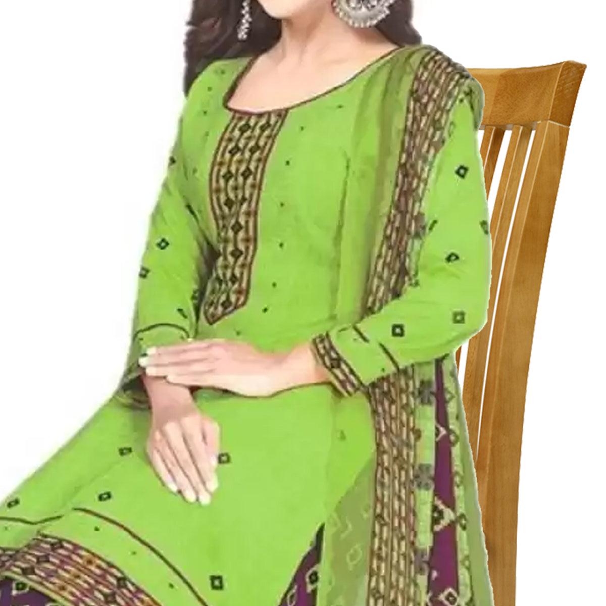 Green Casual Wear Printed Leon Patiala Dress Material - Peachmode