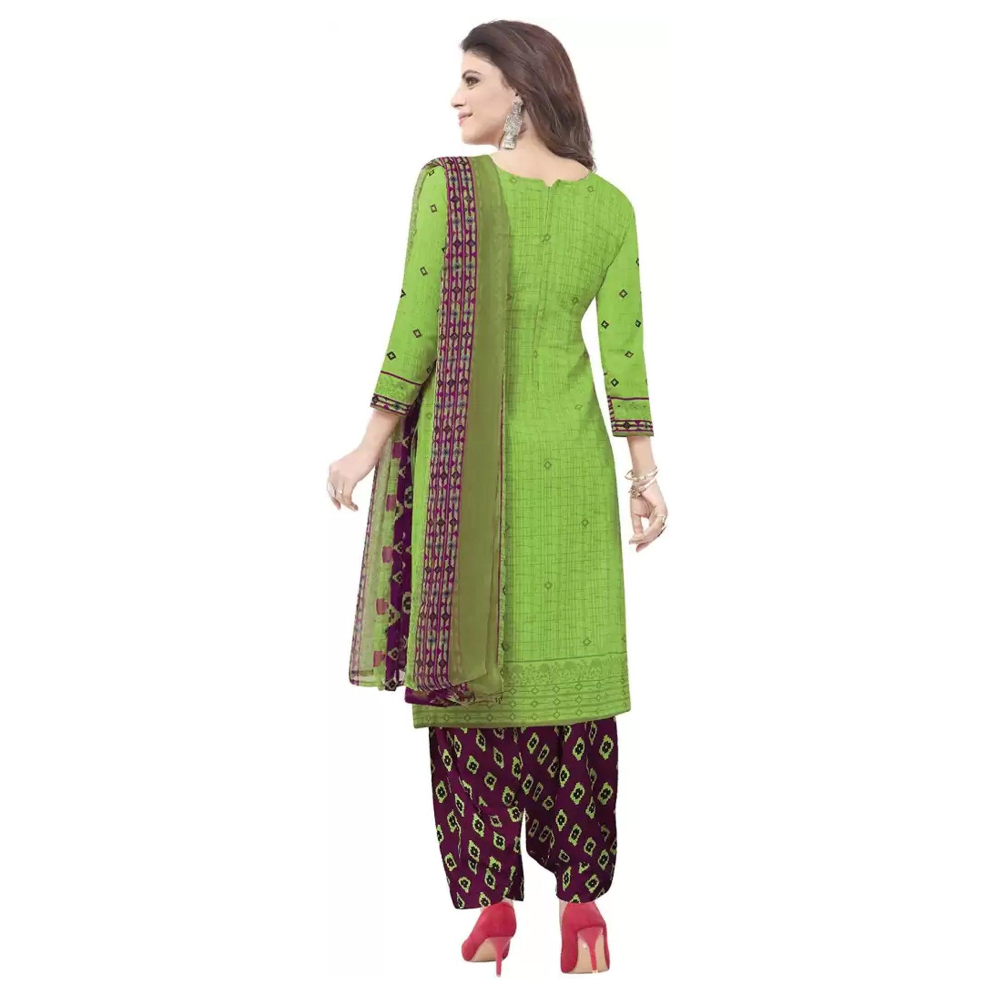 Green Casual Wear Printed Leon Patiala Dress Material - Peachmode