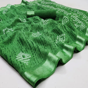 Green Casual Wear Printed Linen Cotton Saree - Peachmode