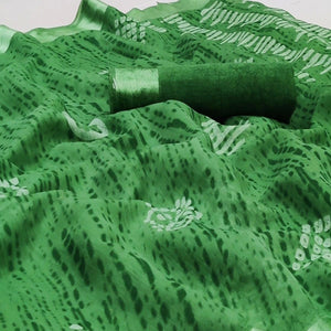 Green Casual Wear Printed Linen Cotton Saree - Peachmode