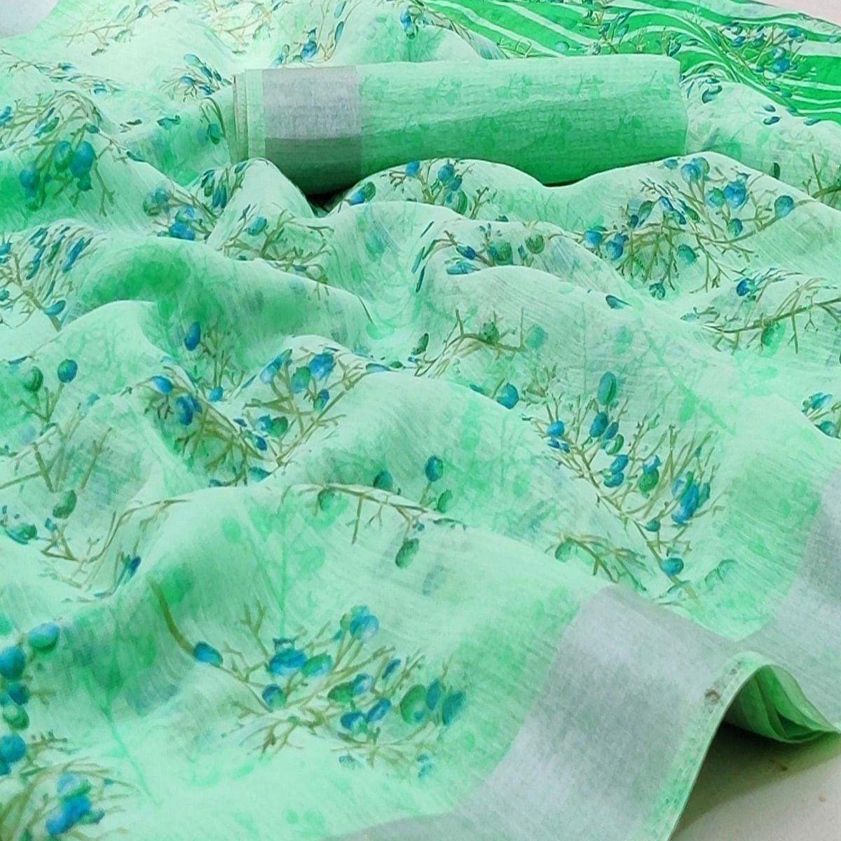 Green Casual Wear Printed Linen Cotton Saree - Peachmode