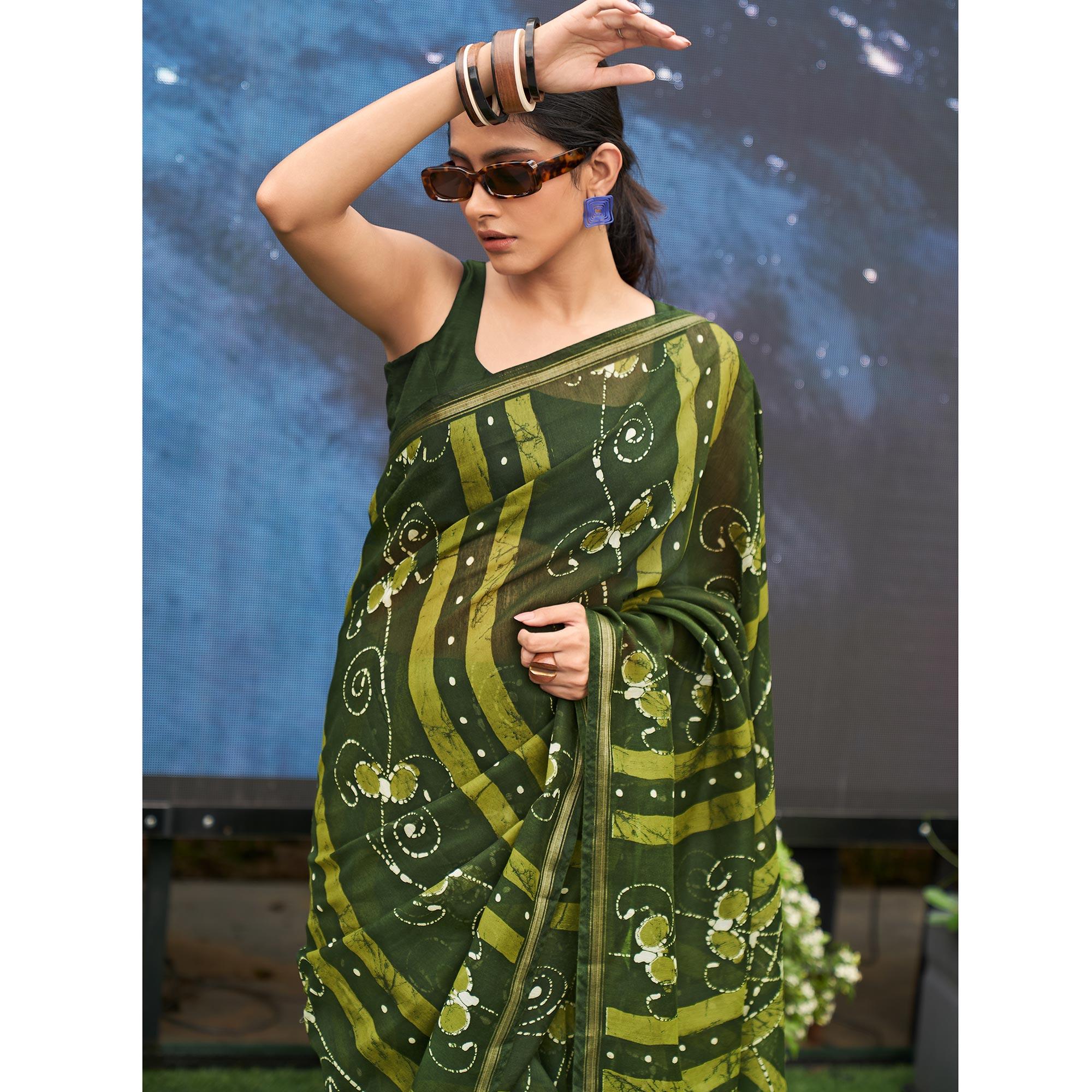 Green Casual Wear Printed Linen Saree - Peachmode