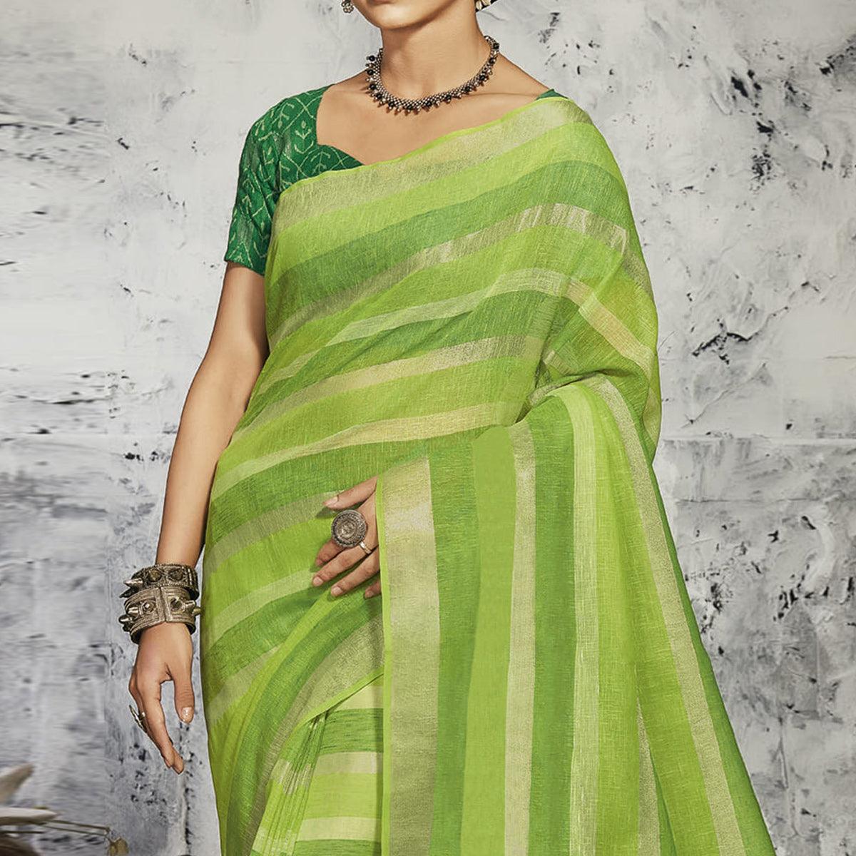 Green Casual Wear Printed Linen Saree - Peachmode