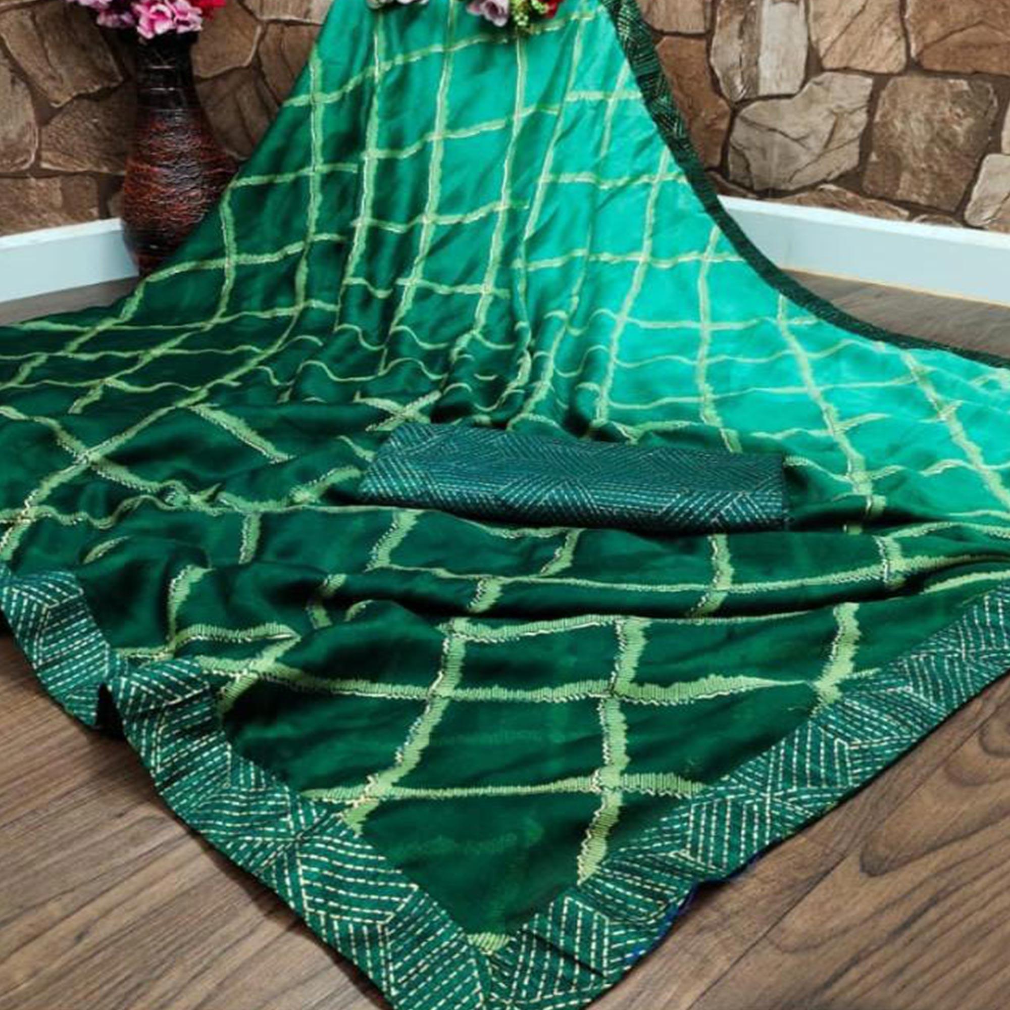 Green Casual Wear Printed Moss Chiffon Saree - Peachmode