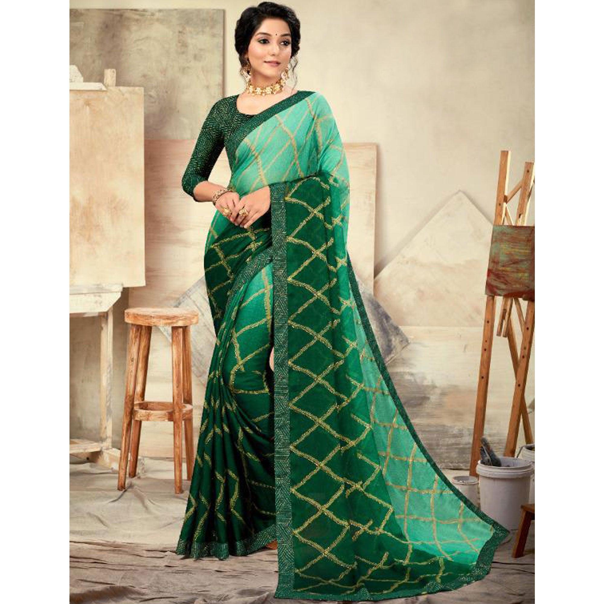 Green Casual Wear Printed Moss Chiffon Saree - Peachmode