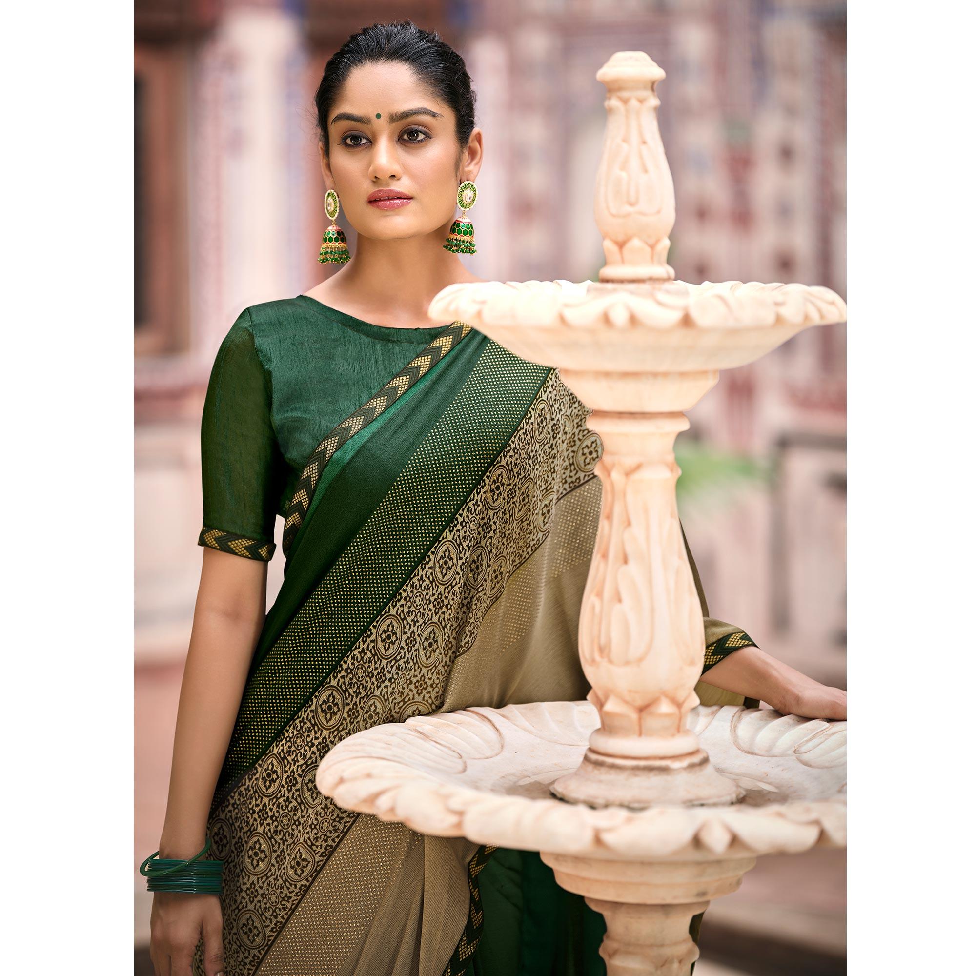 Green Casual Wear Printed Moss Saree With Fancy Zari Border - Peachmode
