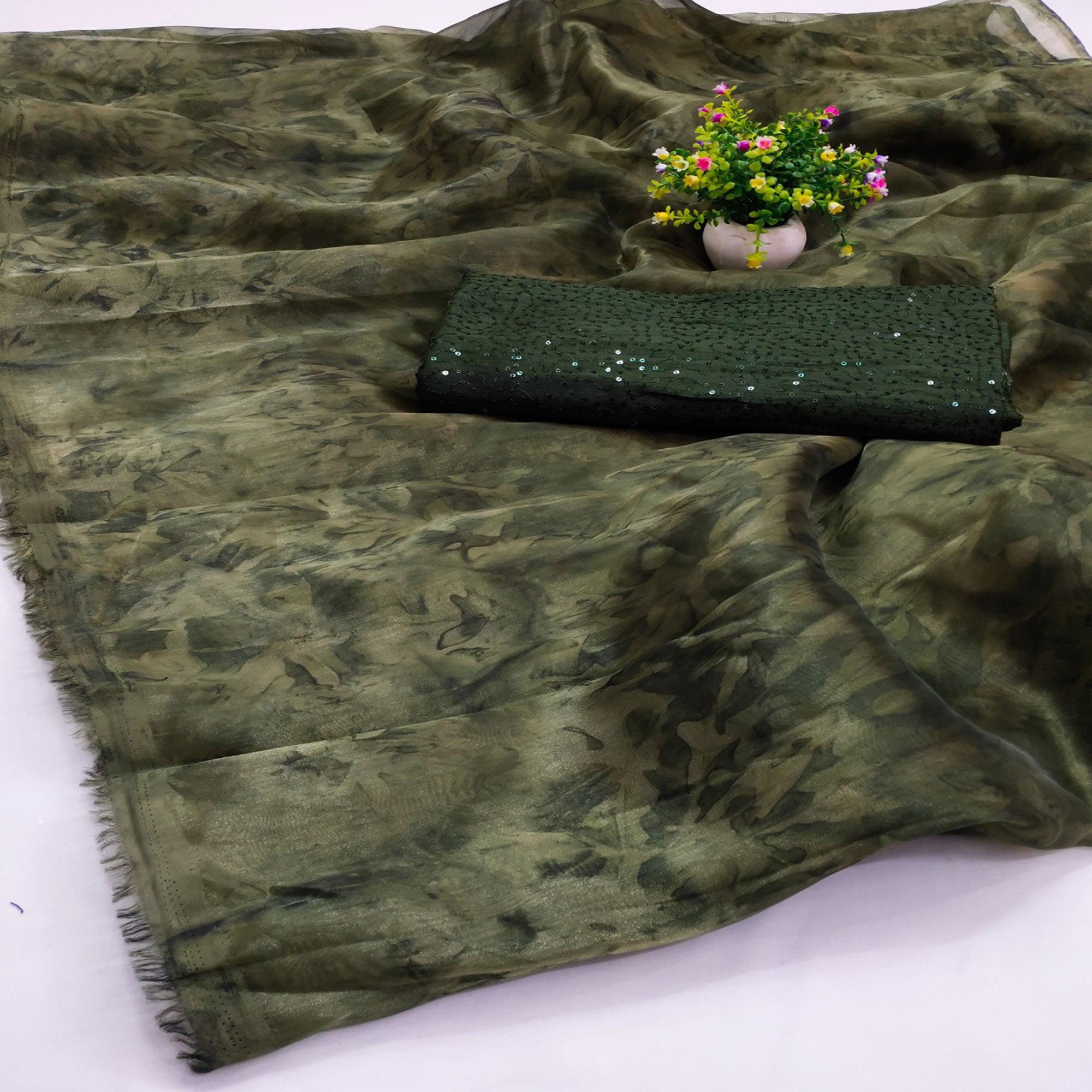 Green Casual Wear Printed Organza Saree - Peachmode