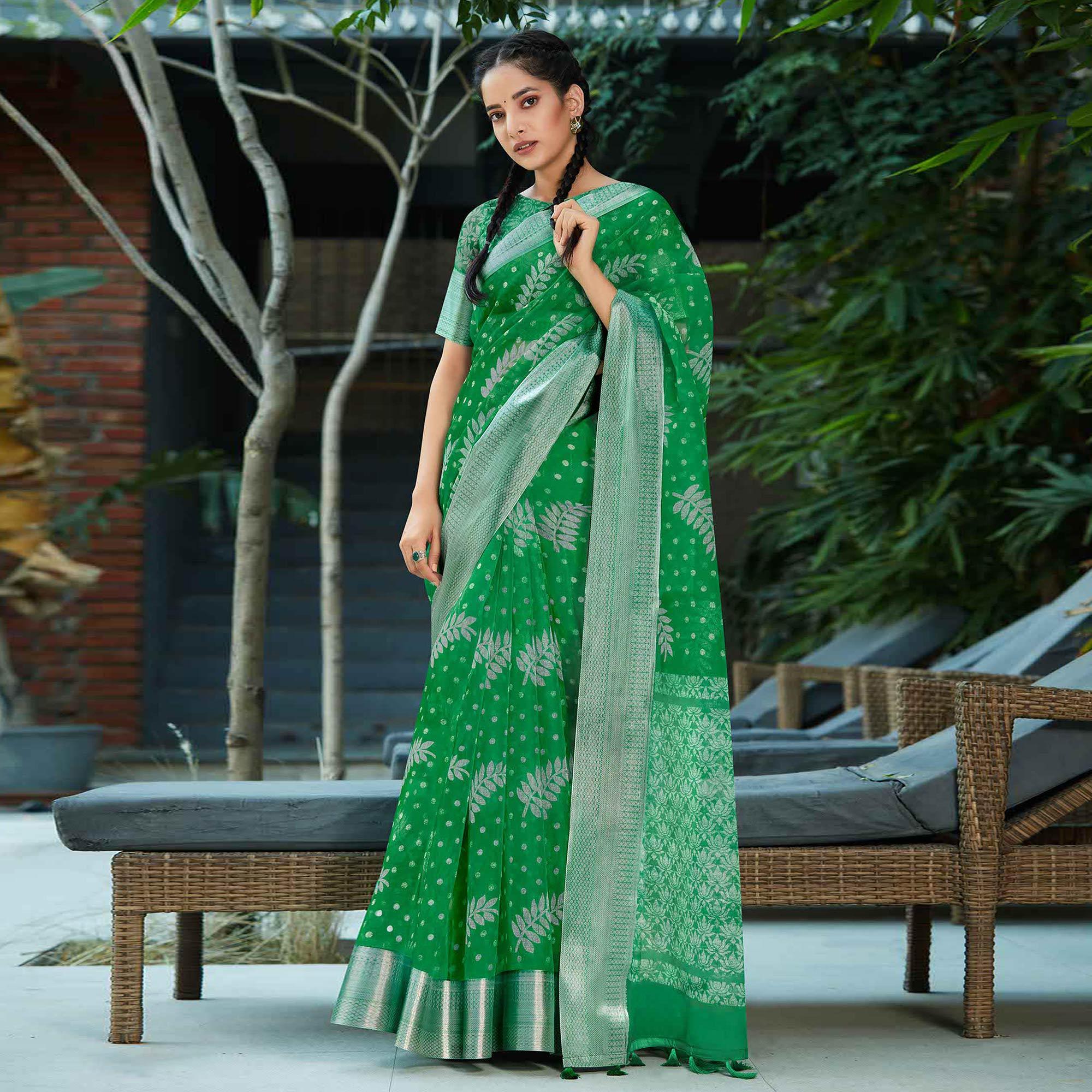 Green Casual Wear Printed Organza Silk Saree - Peachmode