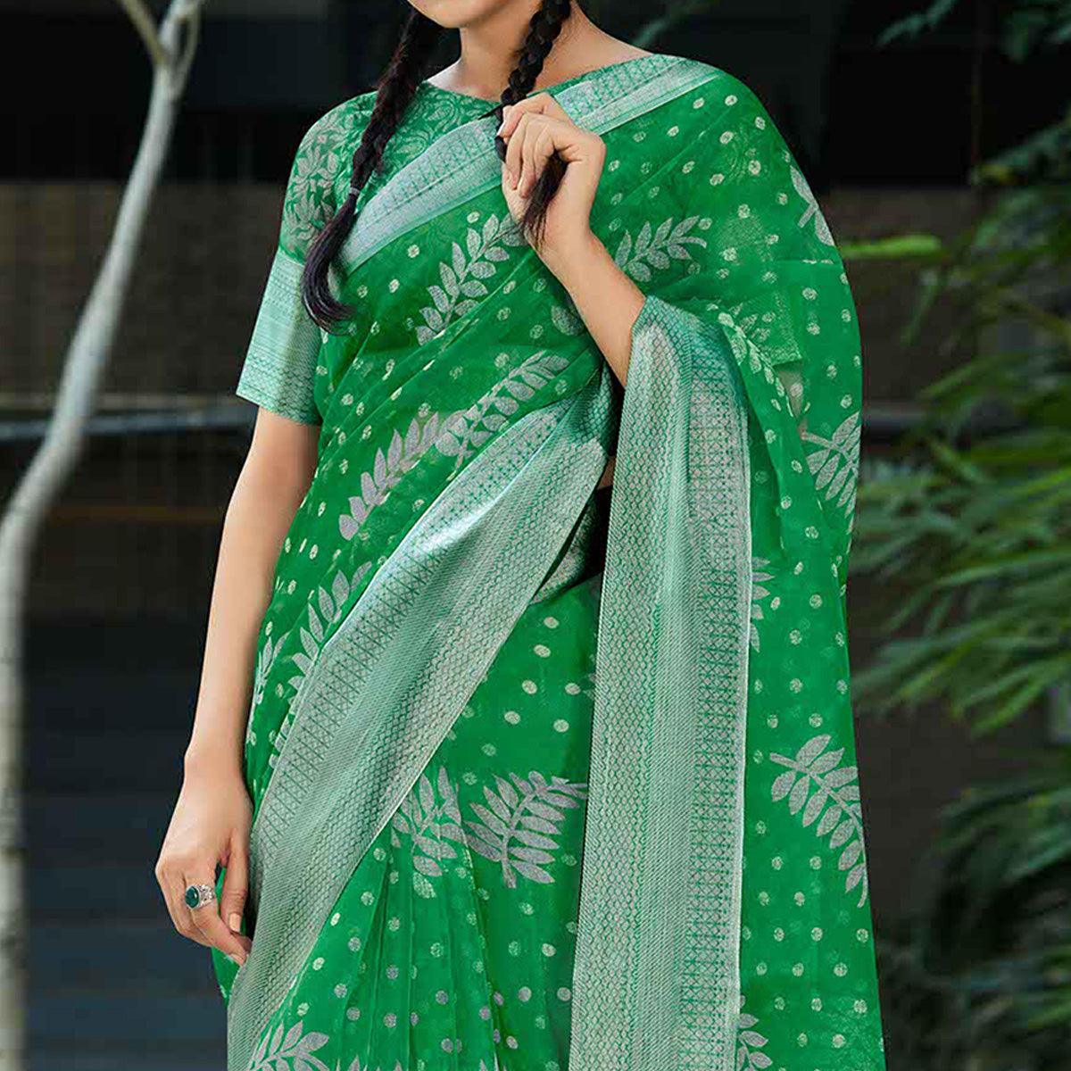 Green Casual Wear Printed Organza Silk Saree - Peachmode