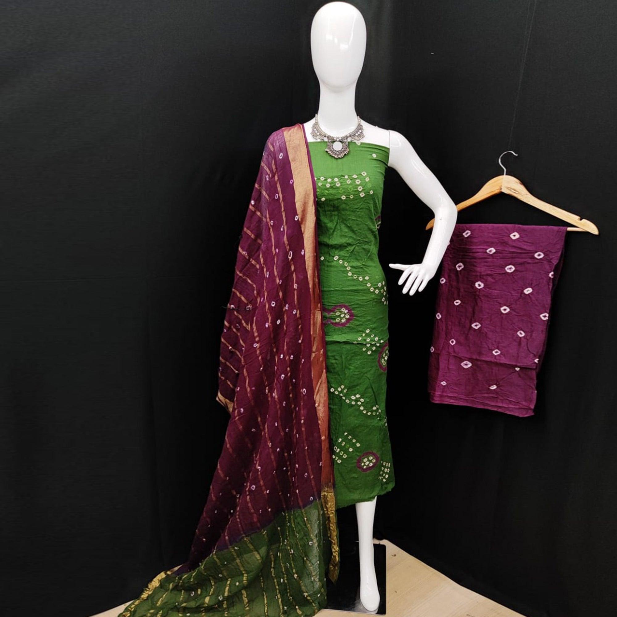 Green Casual Wear Printed Pure Cotton Dress Material - Peachmode
