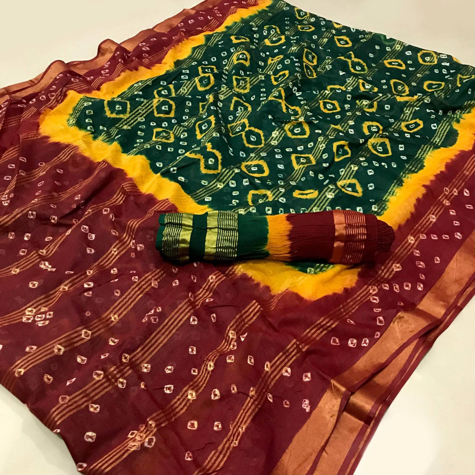 Green Casual Wear Printed Pure Cotton Saree - Peachmode