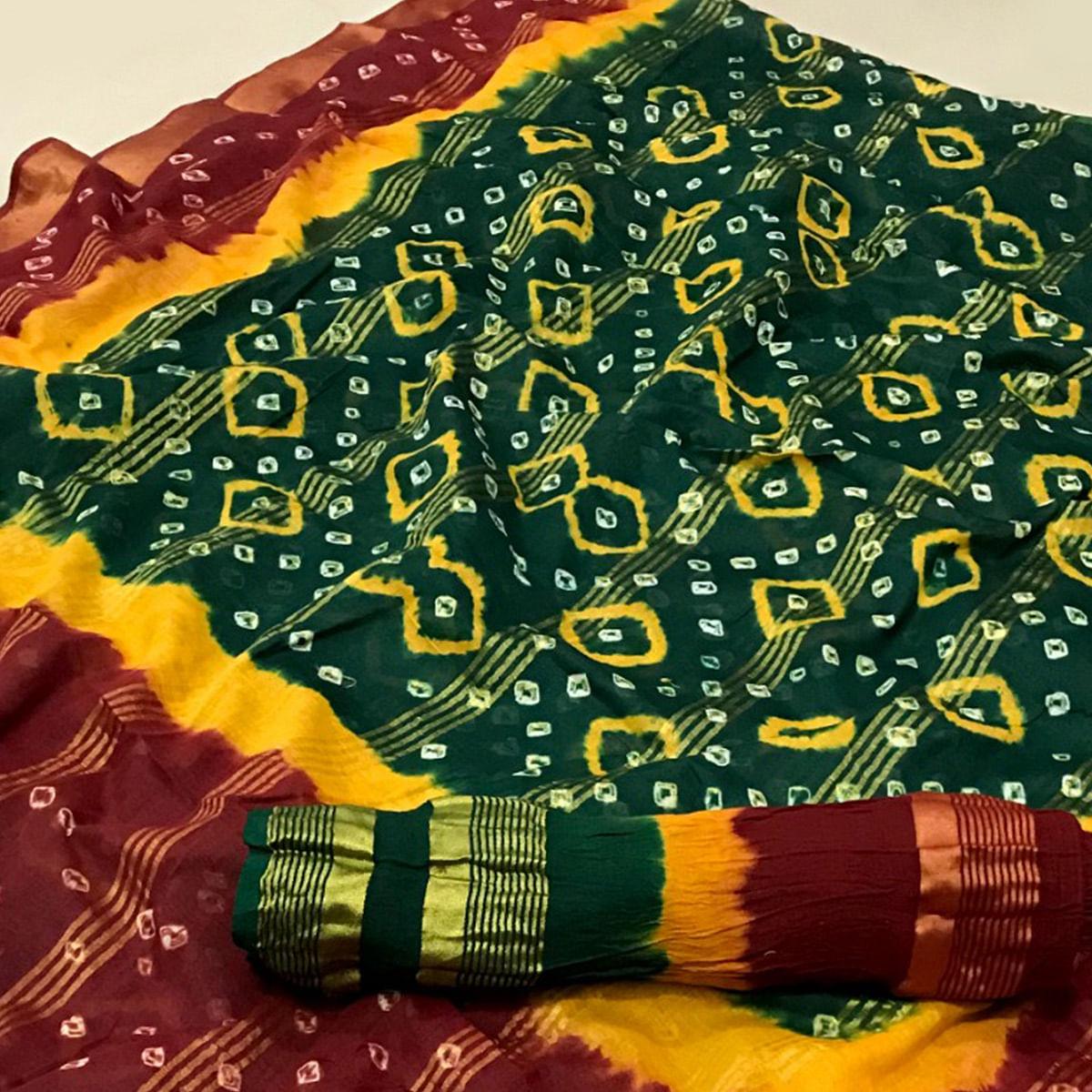 Green Casual Wear Printed Pure Cotton Saree - Peachmode