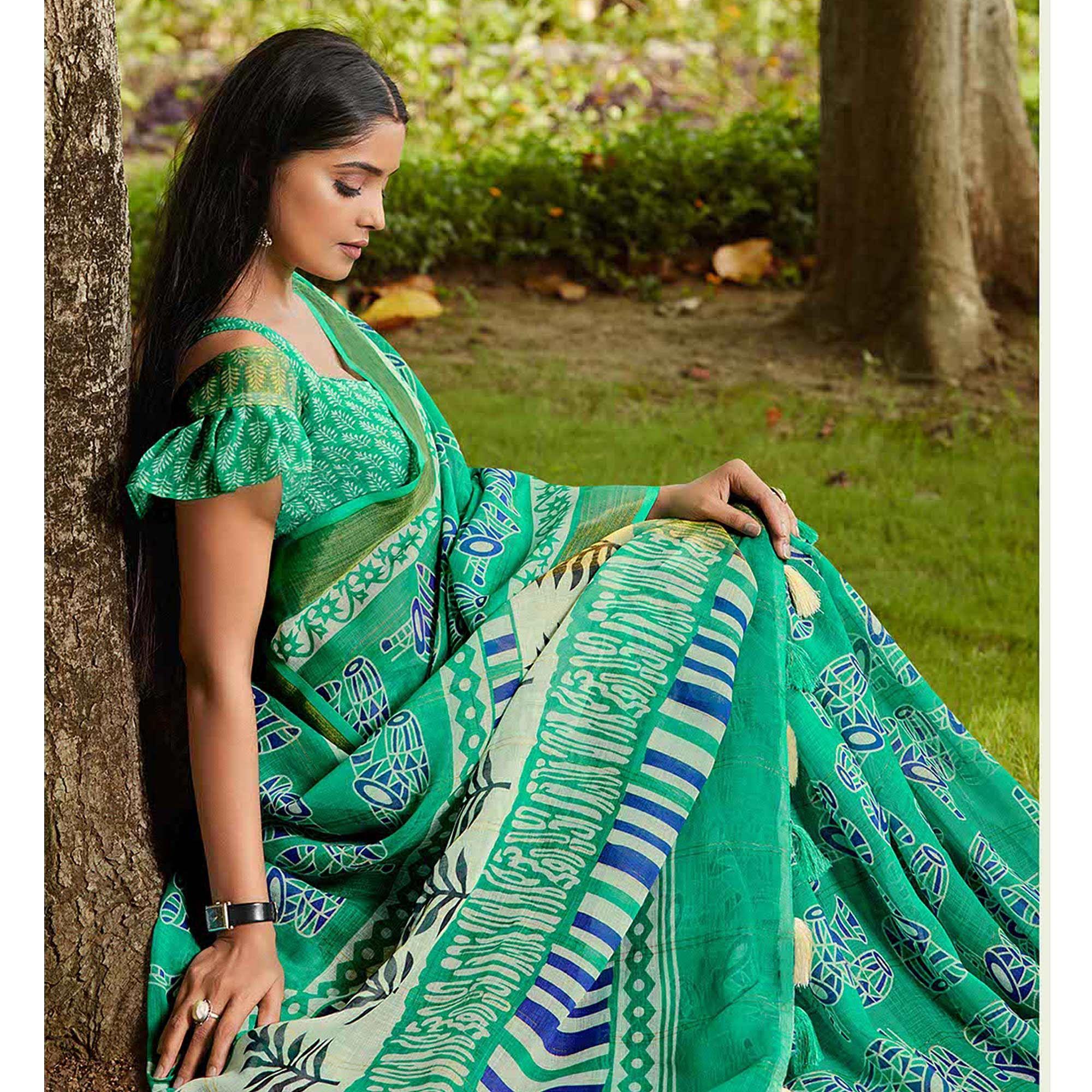 Green Casual Wear Printed Pure Linen Saree - Peachmode