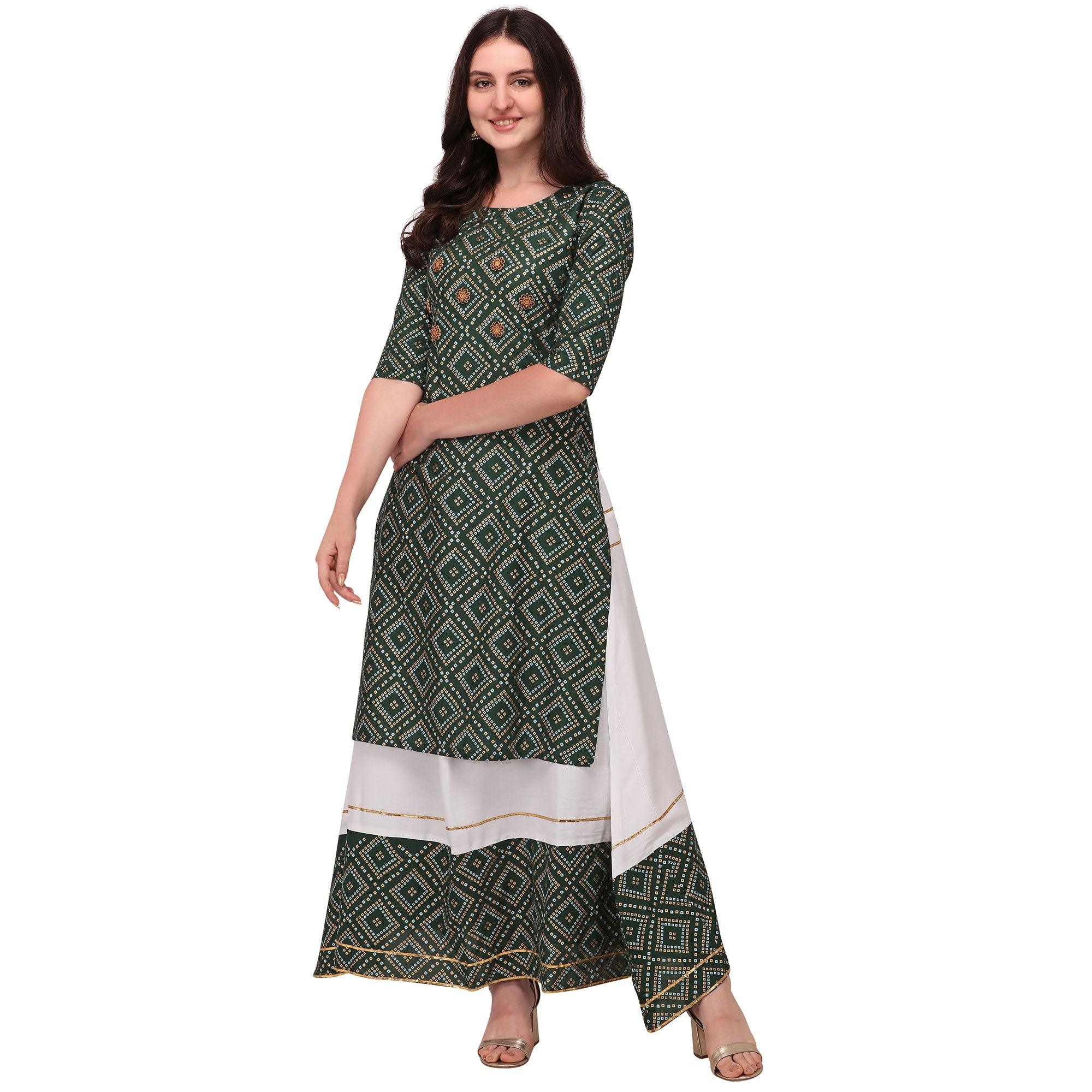 Green Casual Wear Printed Rayon Kurti - Skirt Set - Peachmode