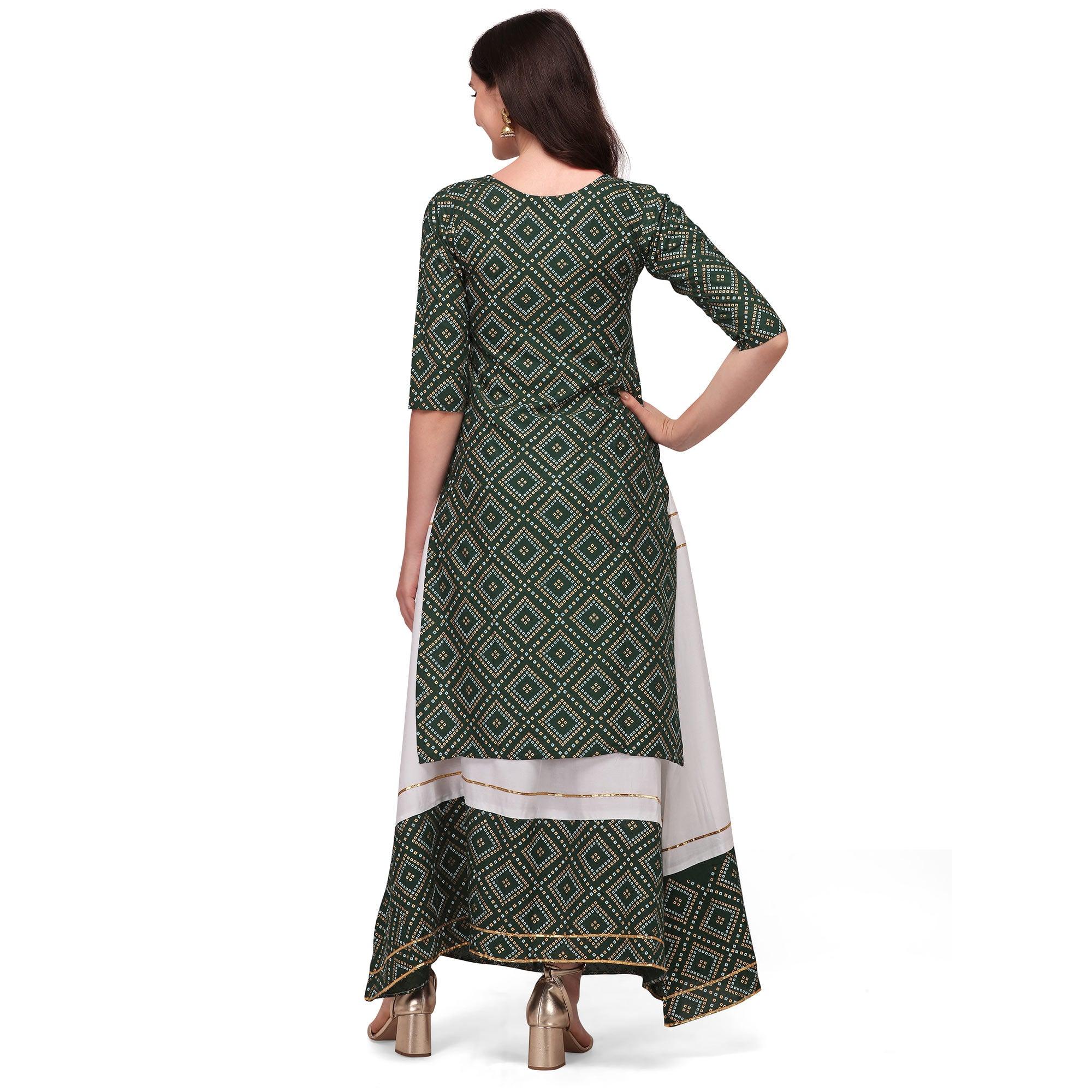 Green Casual Wear Printed Rayon Kurti - Skirt Set - Peachmode
