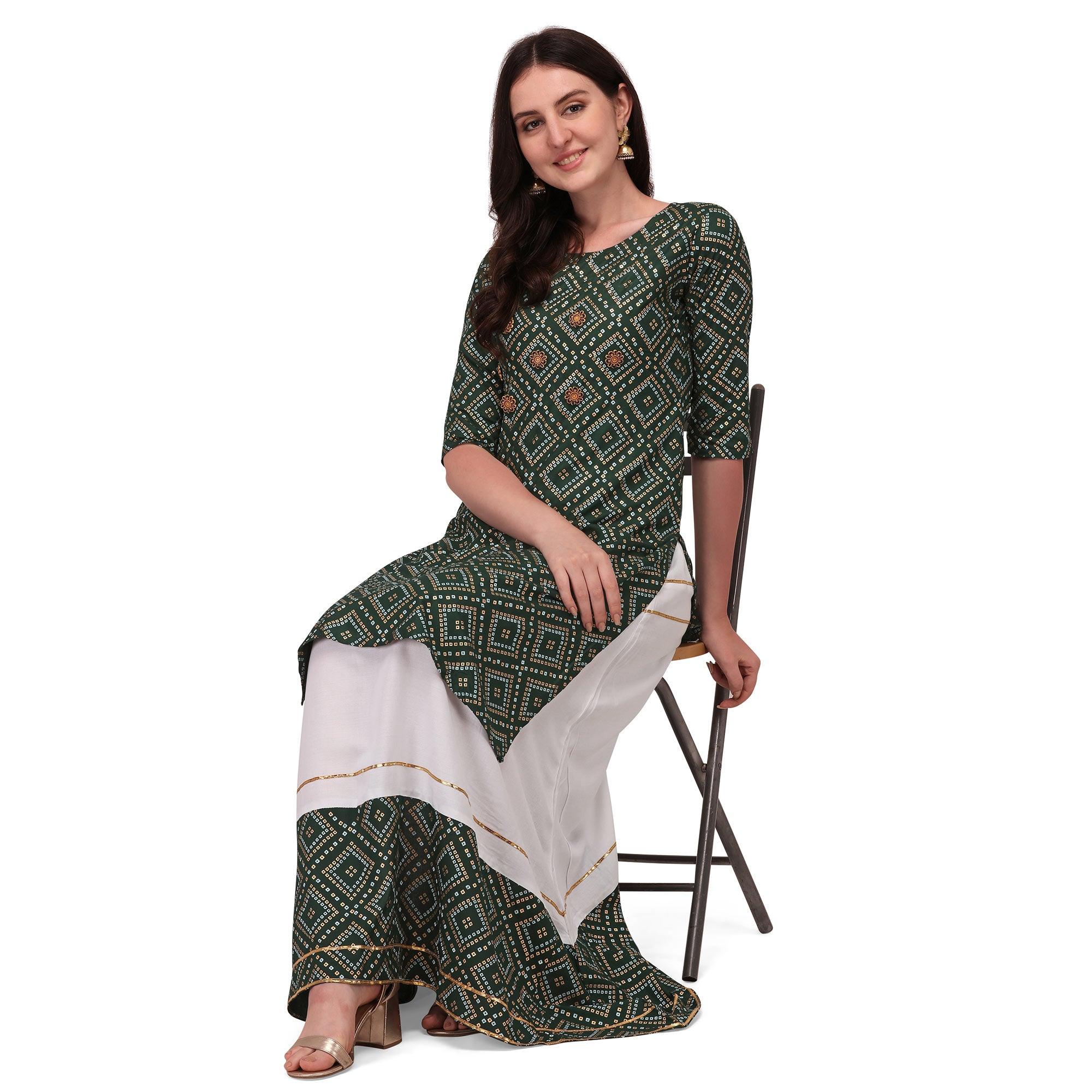 Green Casual Wear Printed Rayon Kurti - Skirt Set - Peachmode