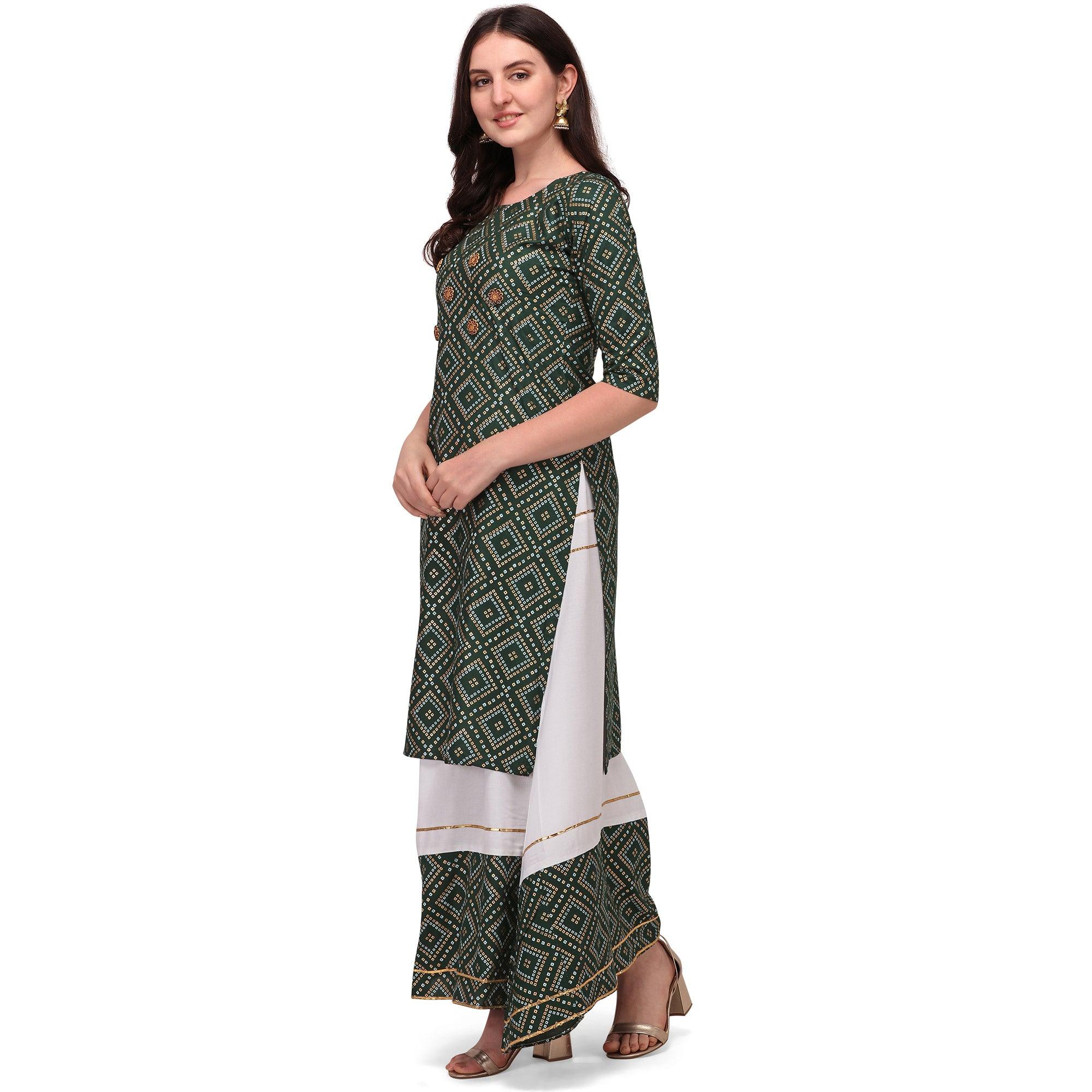 Green Casual Wear Printed Rayon Kurti - Skirt Set - Peachmode