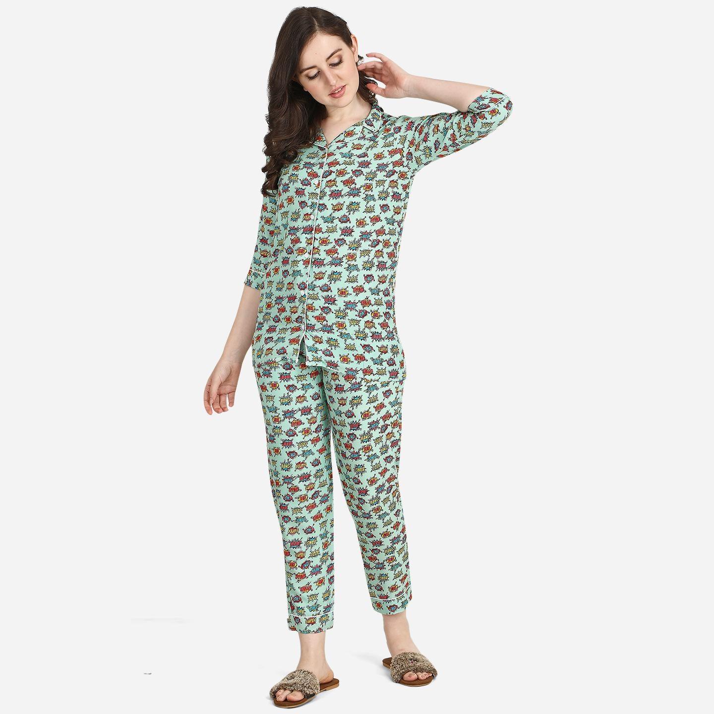 Green Casual Wear Printed Rayon Night Suit - Peachmode