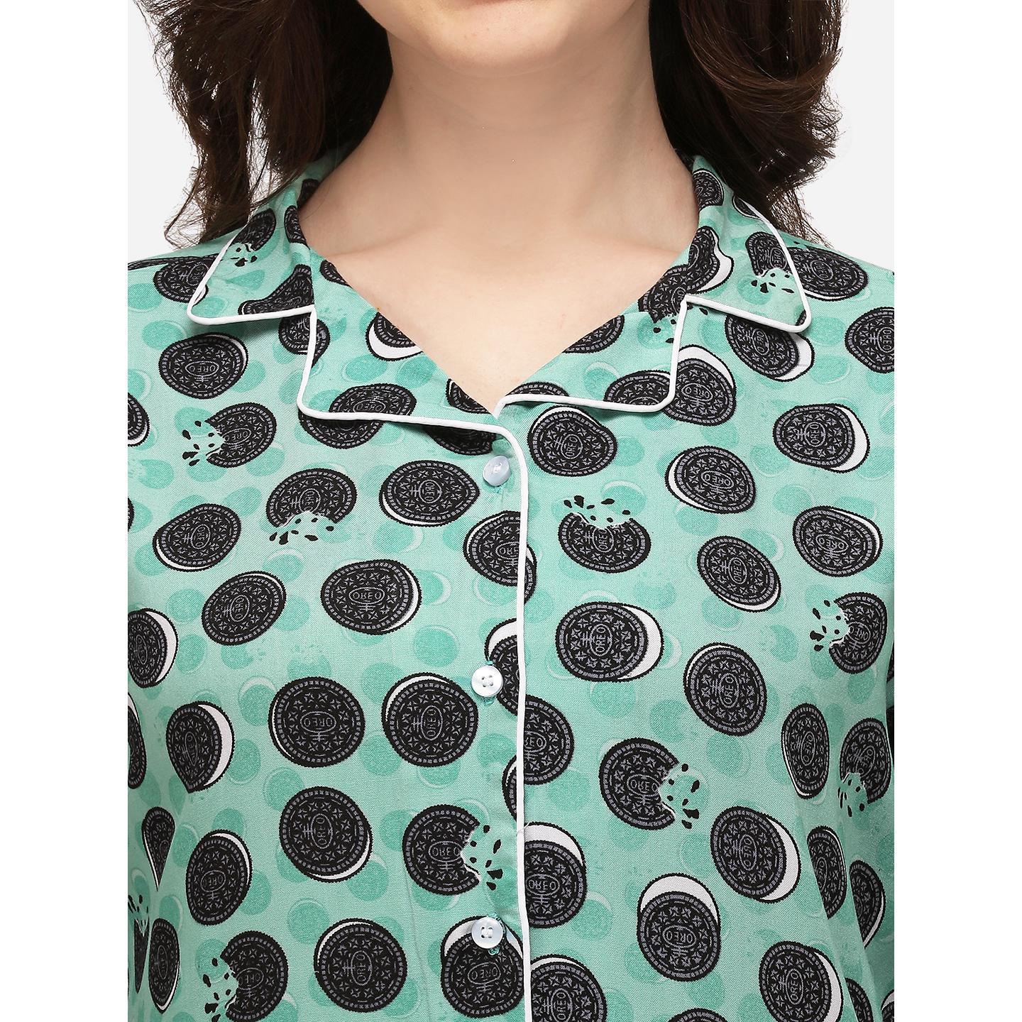 Green Casual Wear Printed Rayon Night Suit - Peachmode