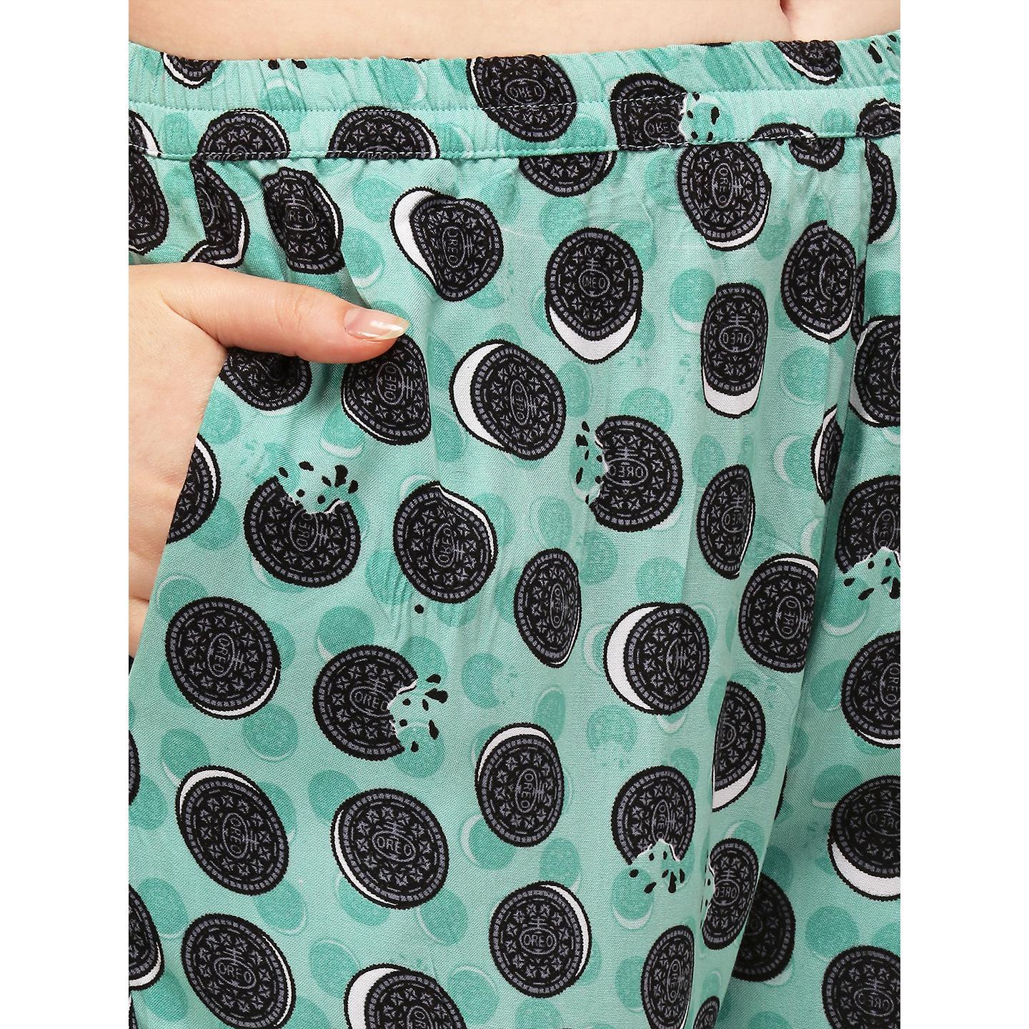 Green Casual Wear Printed Rayon Night Suit - Peachmode
