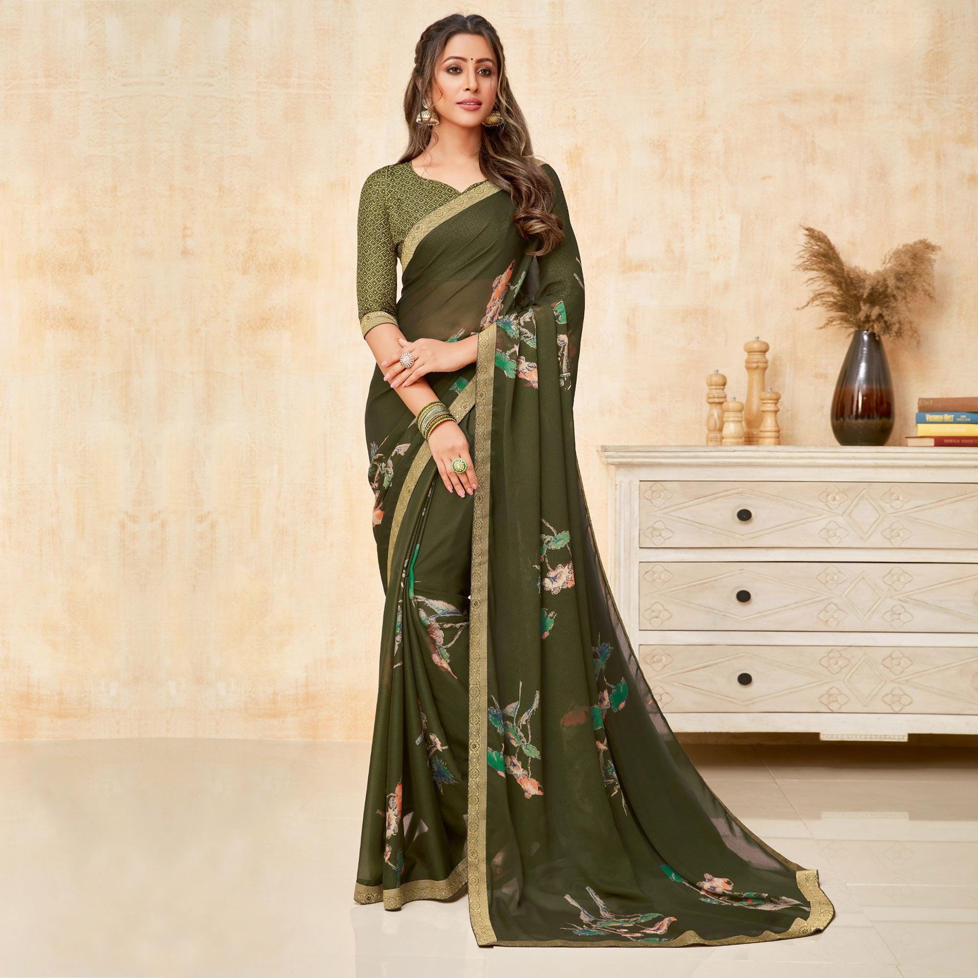 Green Casual Wear Printed Silk Georgette Saree - Peachmode