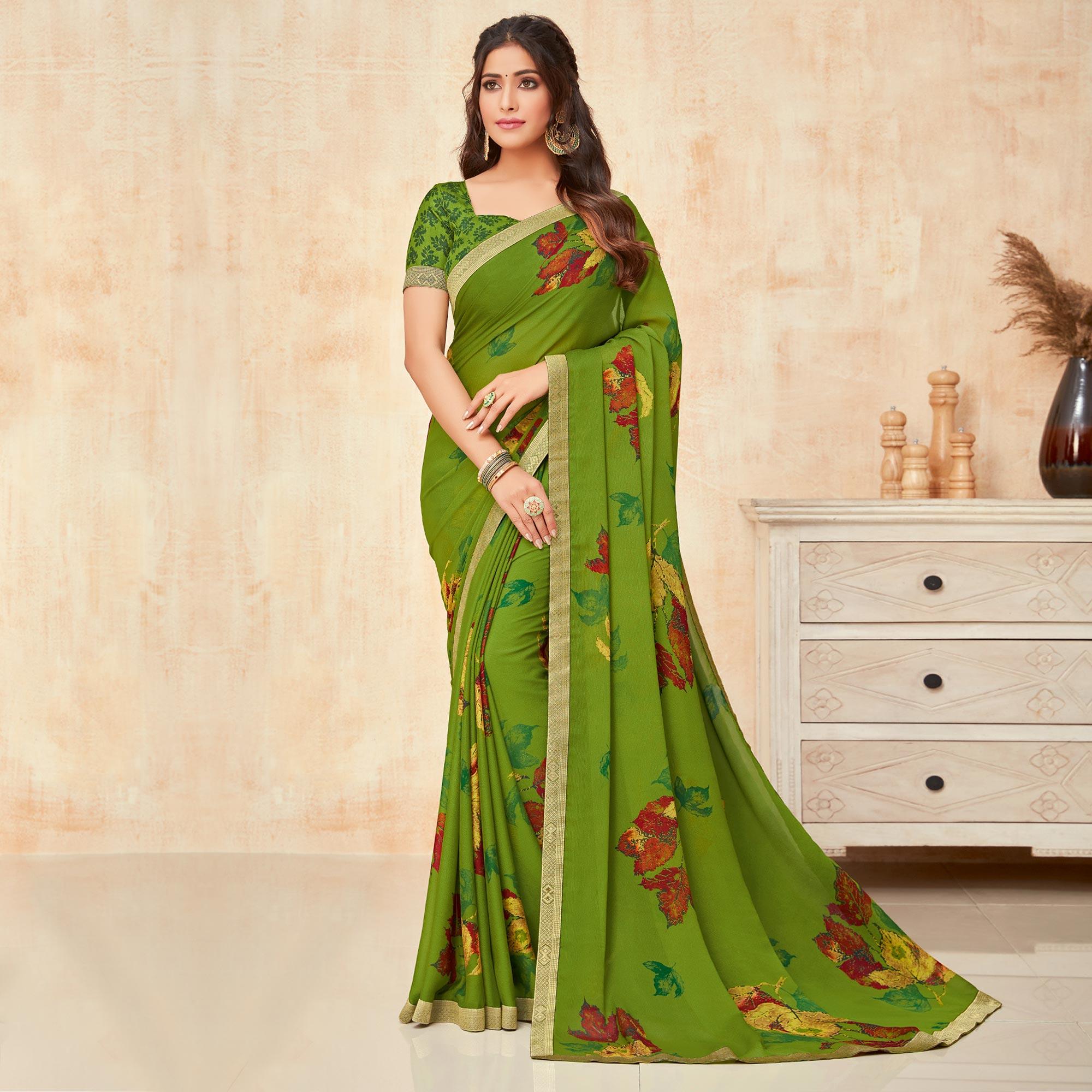 Green Casual Wear Printed Silk Georgette Saree - Peachmode