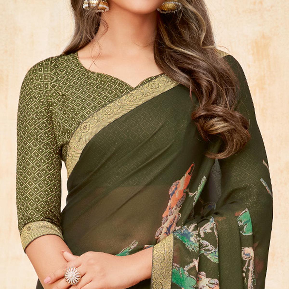 Green Casual Wear Printed Silk Georgette Saree - Peachmode