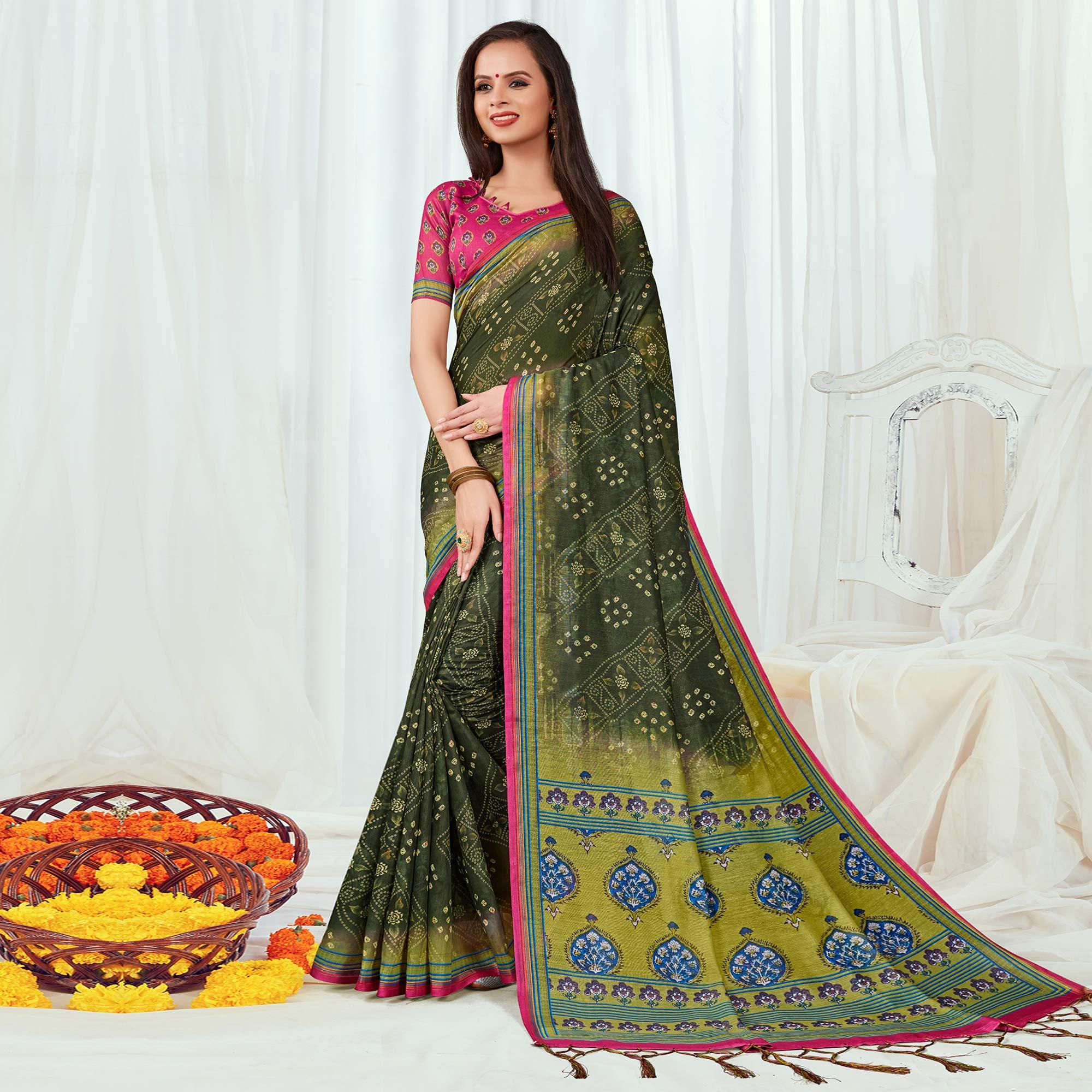 Green Casual Wear Printed Silk Saree - Peachmode