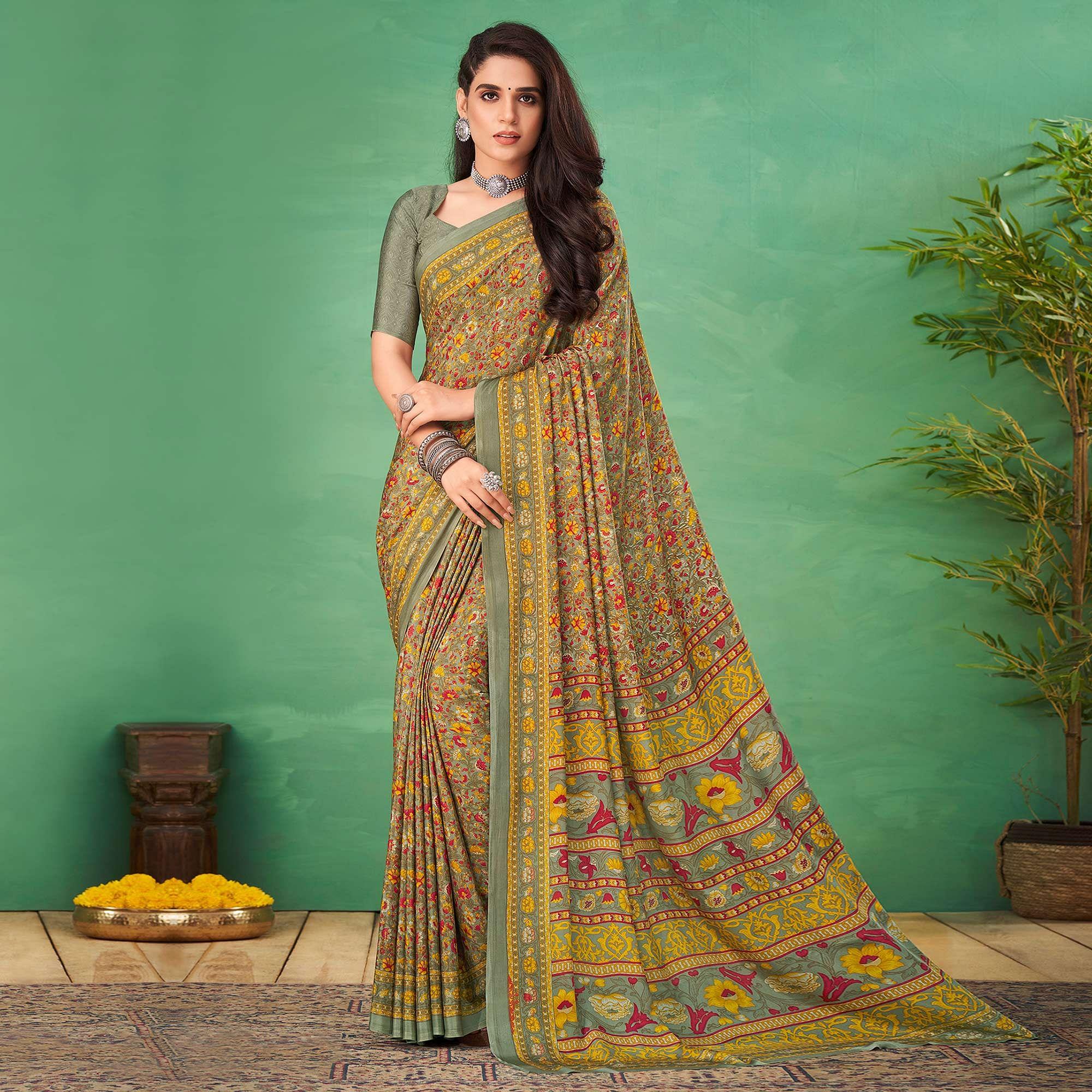Green Casual Wear Printed Silk Saree - Peachmode