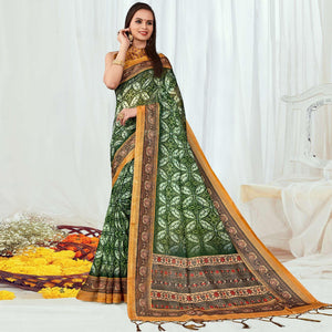 Green Casual Wear Printed Silk Saree - Peachmode