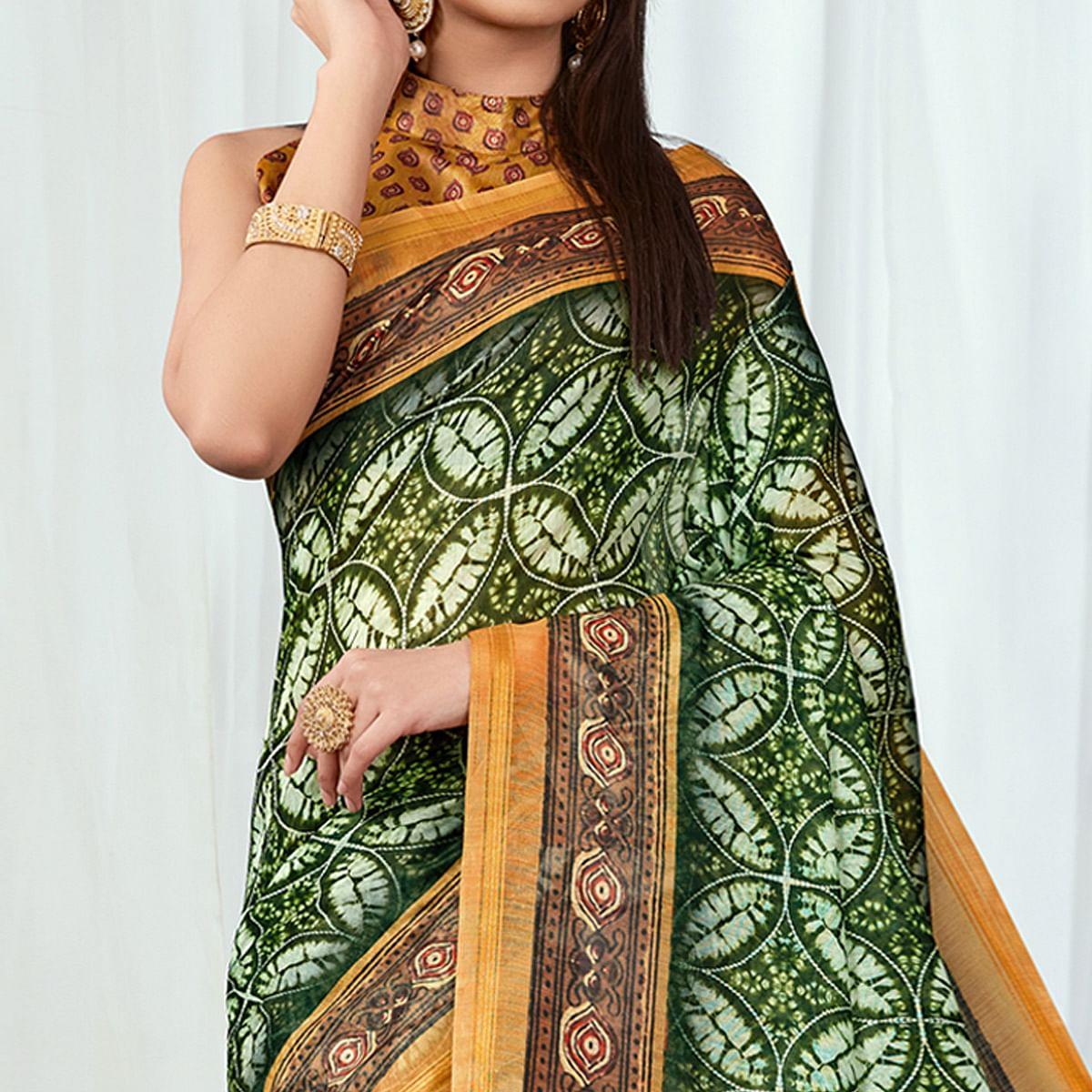 Green Casual Wear Printed Silk Saree - Peachmode