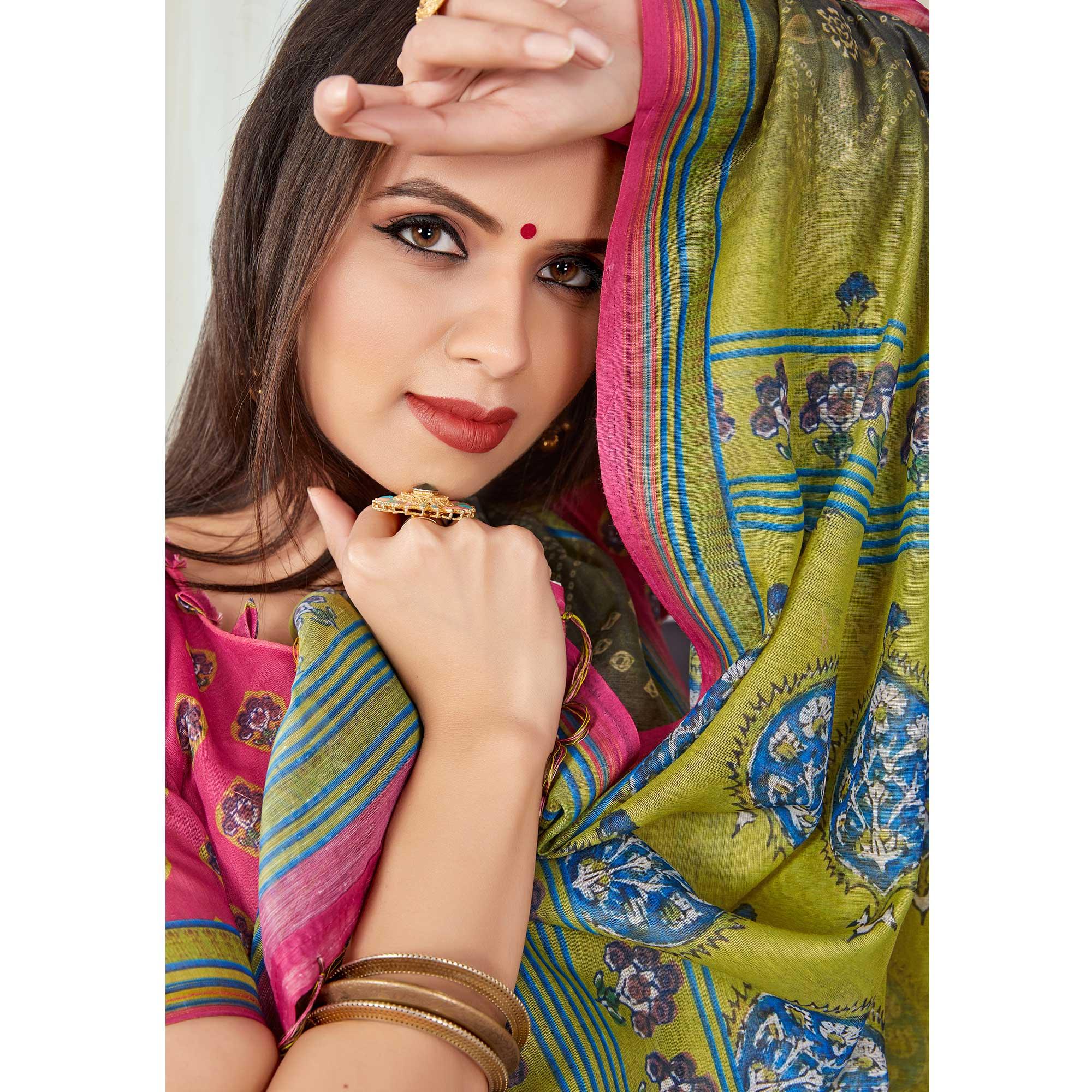 Green Casual Wear Printed Silk Saree - Peachmode