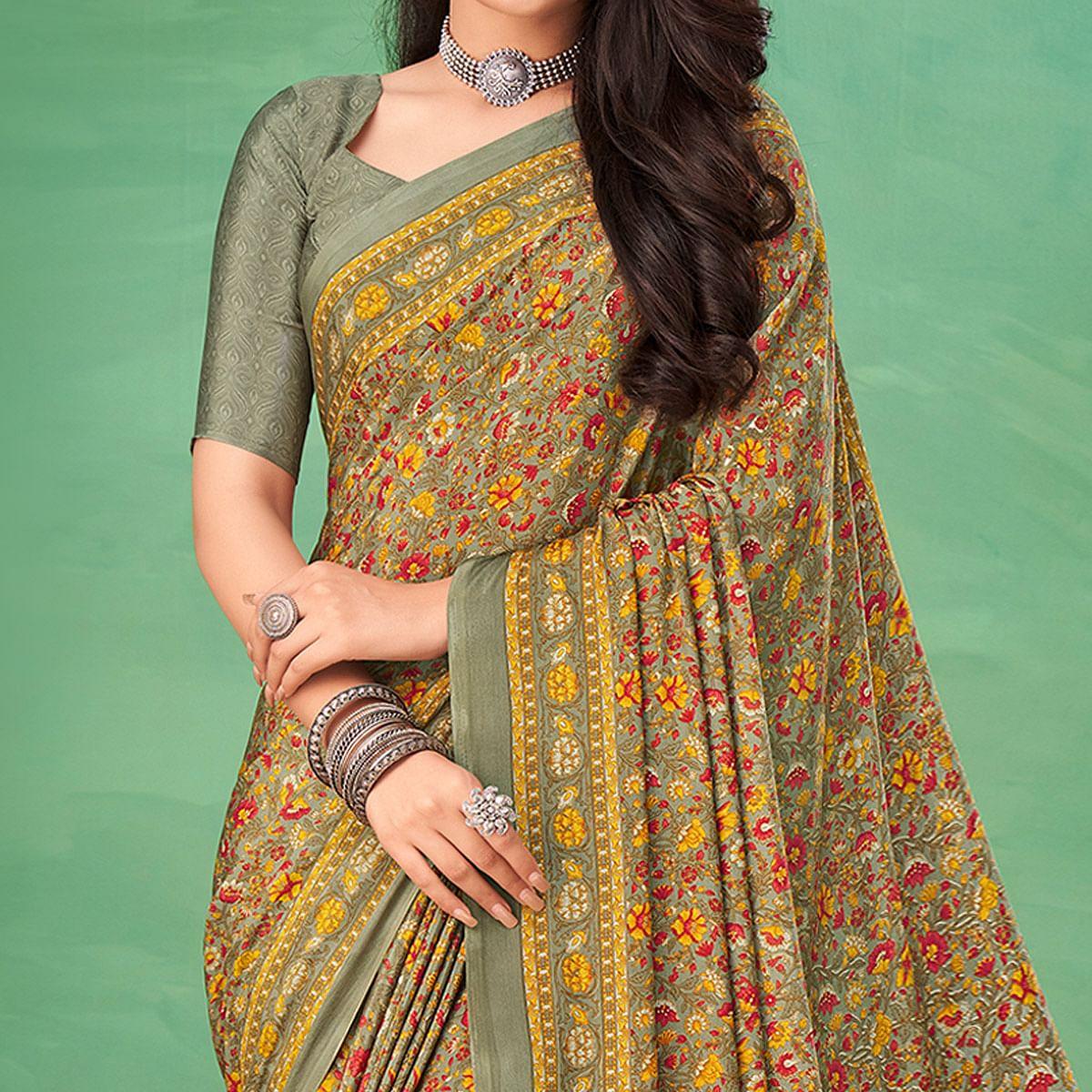 Green Casual Wear Printed Silk Saree - Peachmode