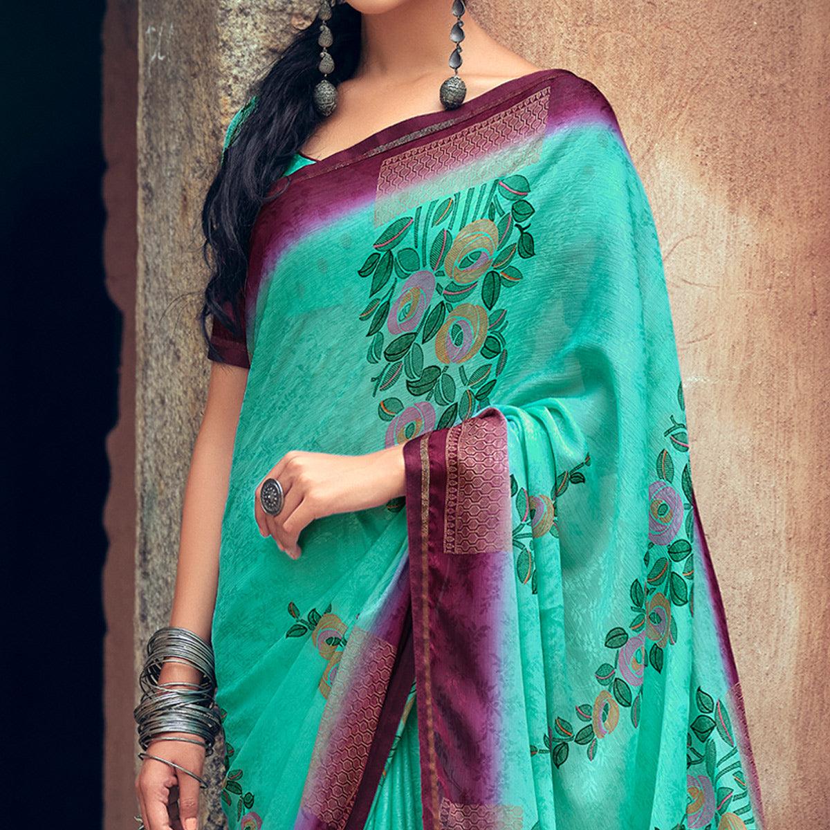 Green Casual Wear Printed Silk Saree - Peachmode